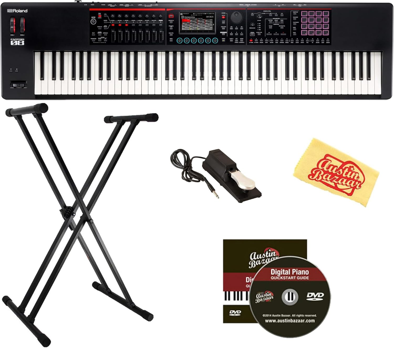 Roland Fantom-08 Synthesizer Keyboard Bundle with Double Braced X-Style Keyboard Stand, Sustain Pedal, Online Piano Lessons, Instructional DVD, and Austin Bazaar Polishing Cloth