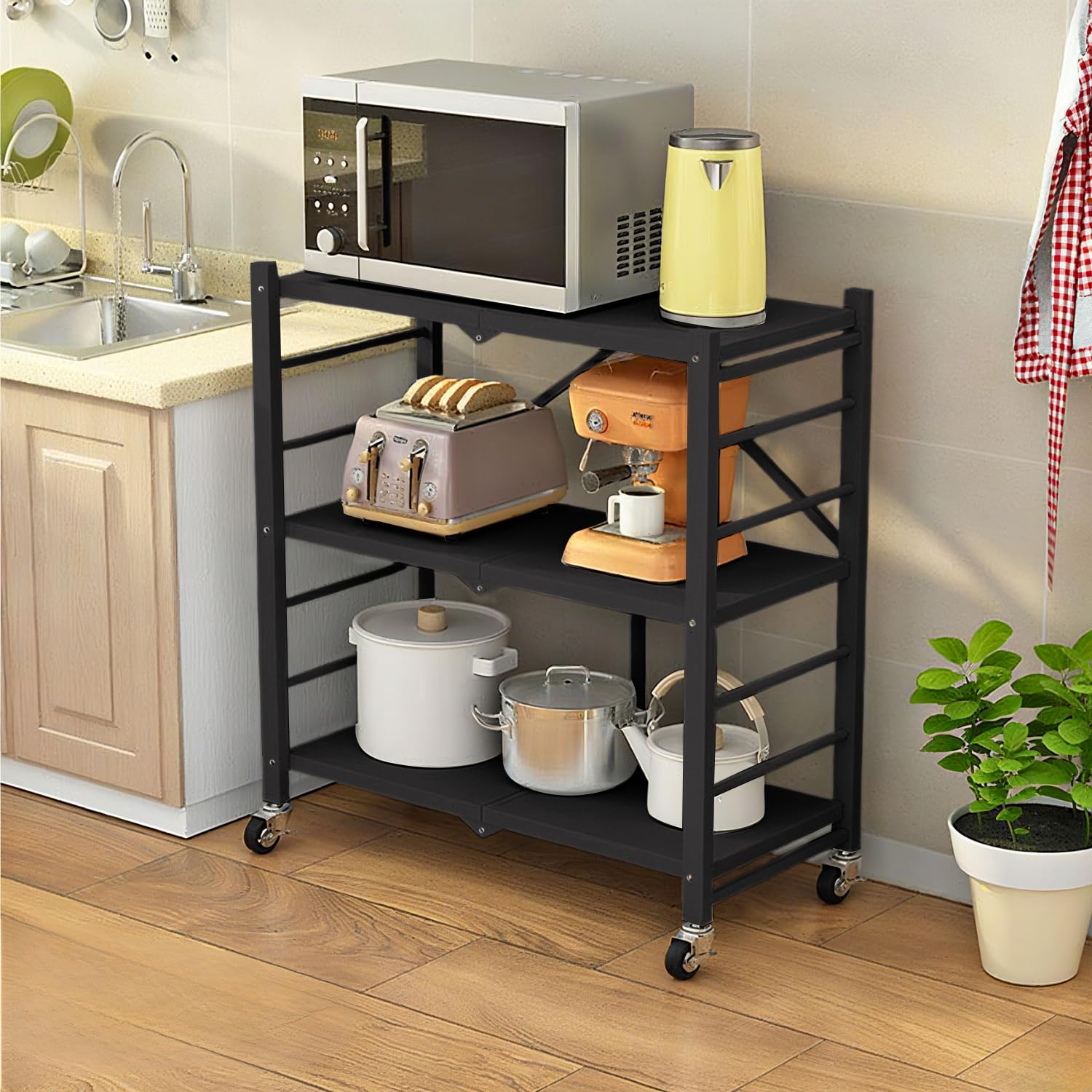 Scaffali in metallo a 3 ripiani, design pieghevole mobile per cucina, garage, lavanderia, bagno, soluzione salvaspazio