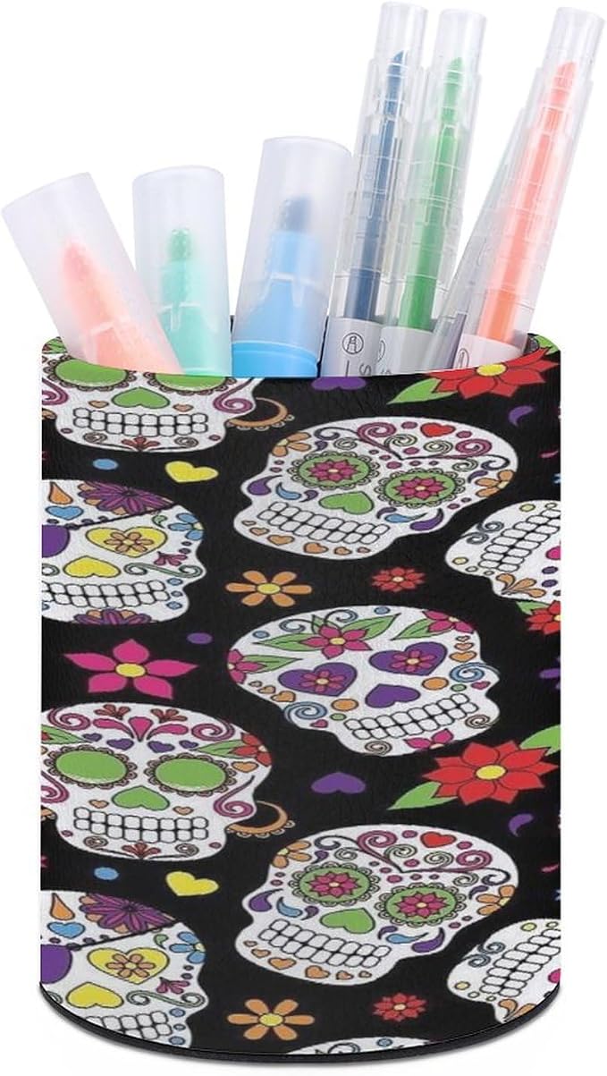Colorful Vintage Sugar Skull Pen Holder for Desk Stylish Cute Pencil Holder Multifunctional Leather Pencil Cup Large Capacity Pen Organizer Modern Minimalist Makeup Brush Holder for Home Office