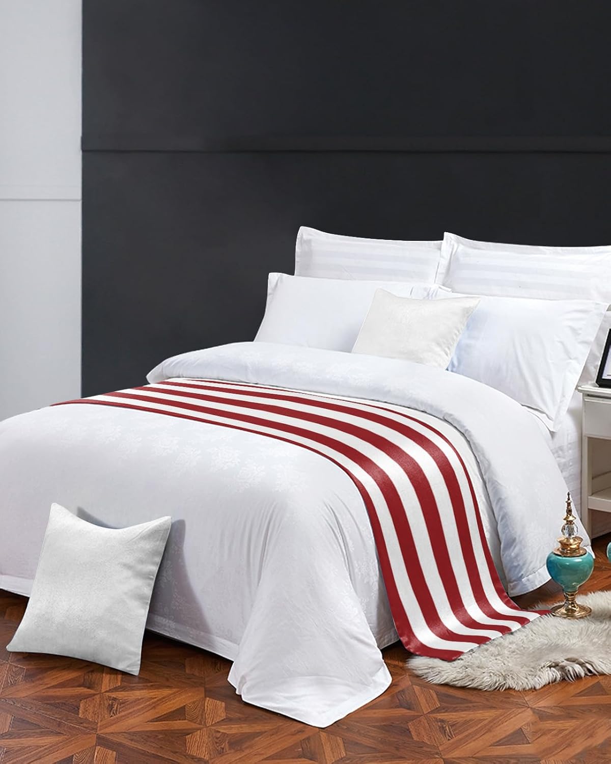 Bed Runner Scarf, Red and White Stripe King Bed Bedding Scarves Cover Decorative Bed Scarf for Home Hotel Guesthouse Bedroom Wedding Room Guestrooms 83"x20"