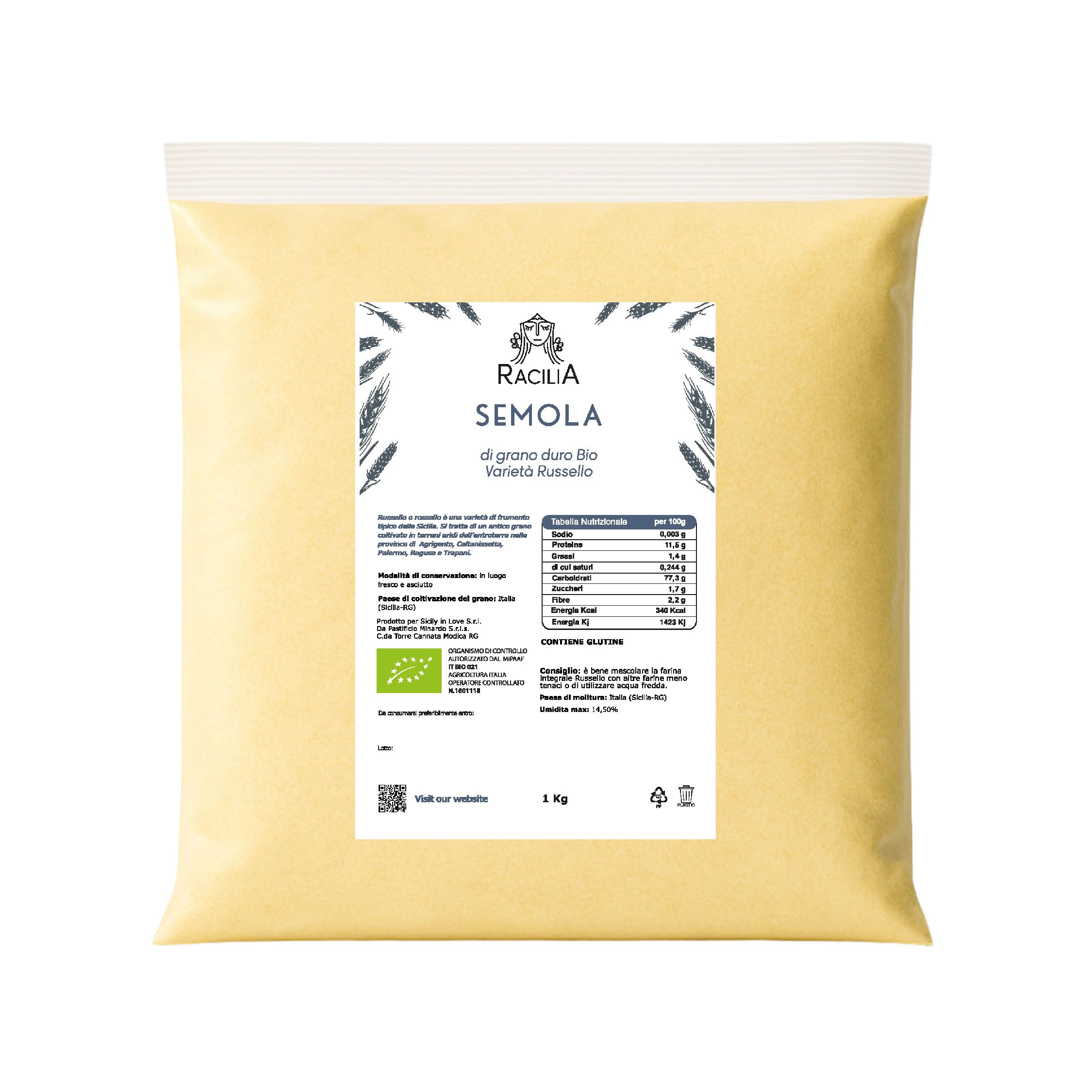 Farine de Semoule de Blé Dur Biologique Russello - 100% Blé Ancien Sicilien et Biologique - Riche en Fibres et Protéines - 1kg