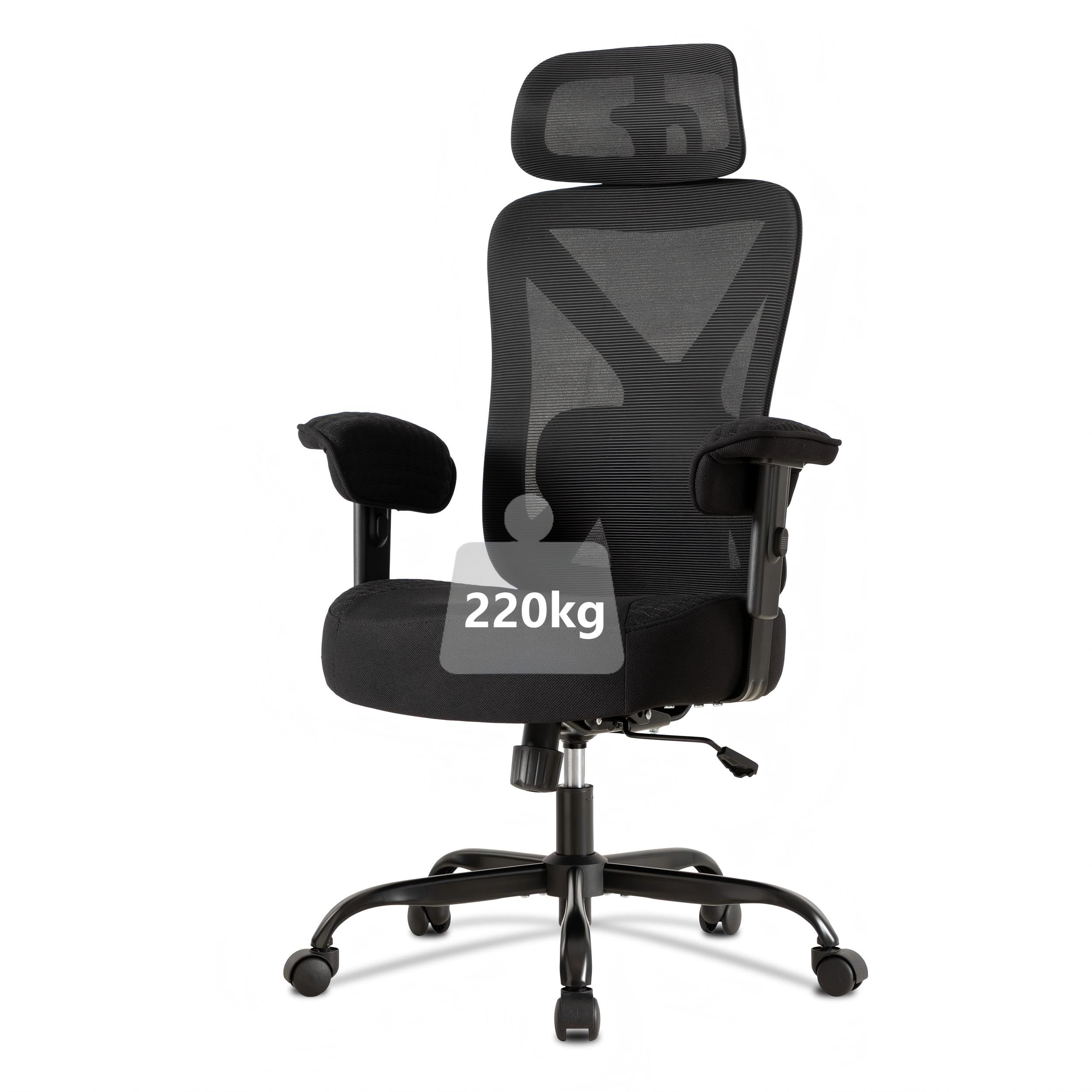 UEV Ergonomischer Bürostuhl 220kg mit Kopfstütze, Schreibtischstuhl Schwarz | Verstellbare Lendenwirbelstütze/Armlehnen, atmungsaktiv Netzbespannung, 13,5CM verdicke Sitzkissen,Home Office Chair