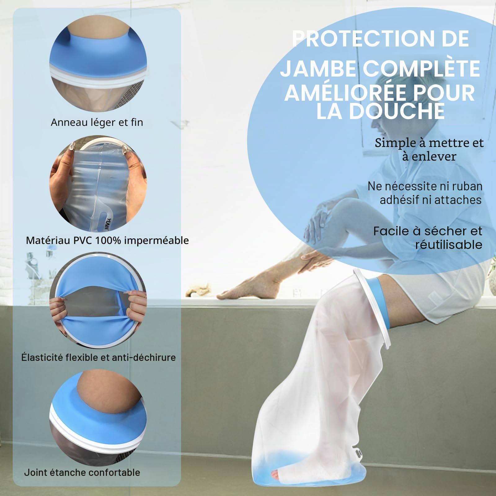 YUNCHI Protection de Douche pour Jambe Longue Adulte Anti-Dérapant XL Protection Étanche Réutilisable pour Orthèse Bloque Fixateur Fessier Genou Bandage (Protège-Jambe Long XL)