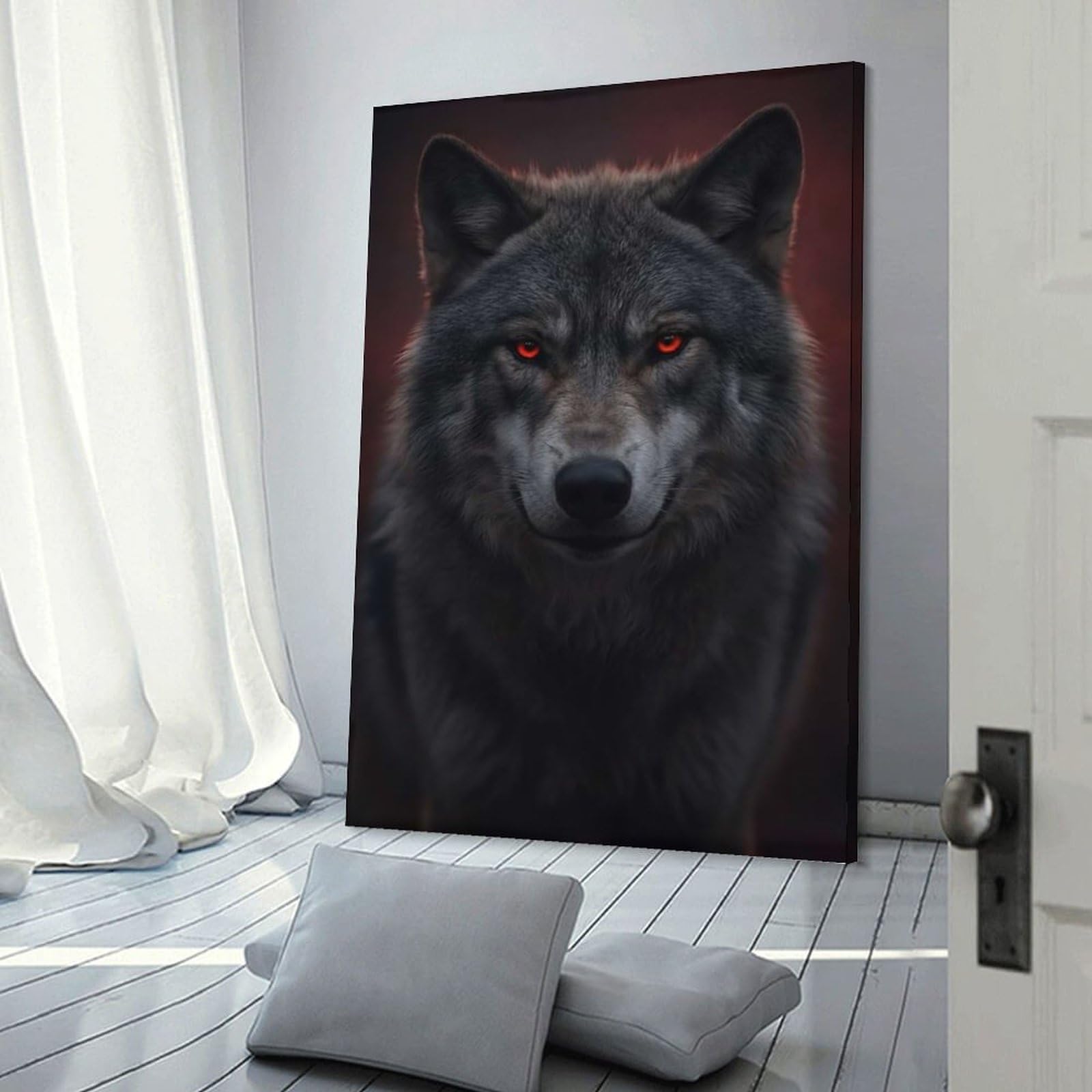 Junmoney Frame-Style-21-1 Decorative Canvas Print Wolf With Glowing Red Eyes, 20X30inch(50X75cm), For Home Office, Desk Area Or Studio, Home Office Artwork With Decorative Appeal