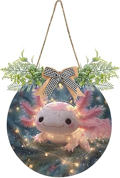 KOCOART Door Wreath Cute Axolotl Christmas Lights Rustic Farmhouse Hanging Front Door Sign Round Wall Decoration for Home Porch Bedroom Office Garden Indoor Outside