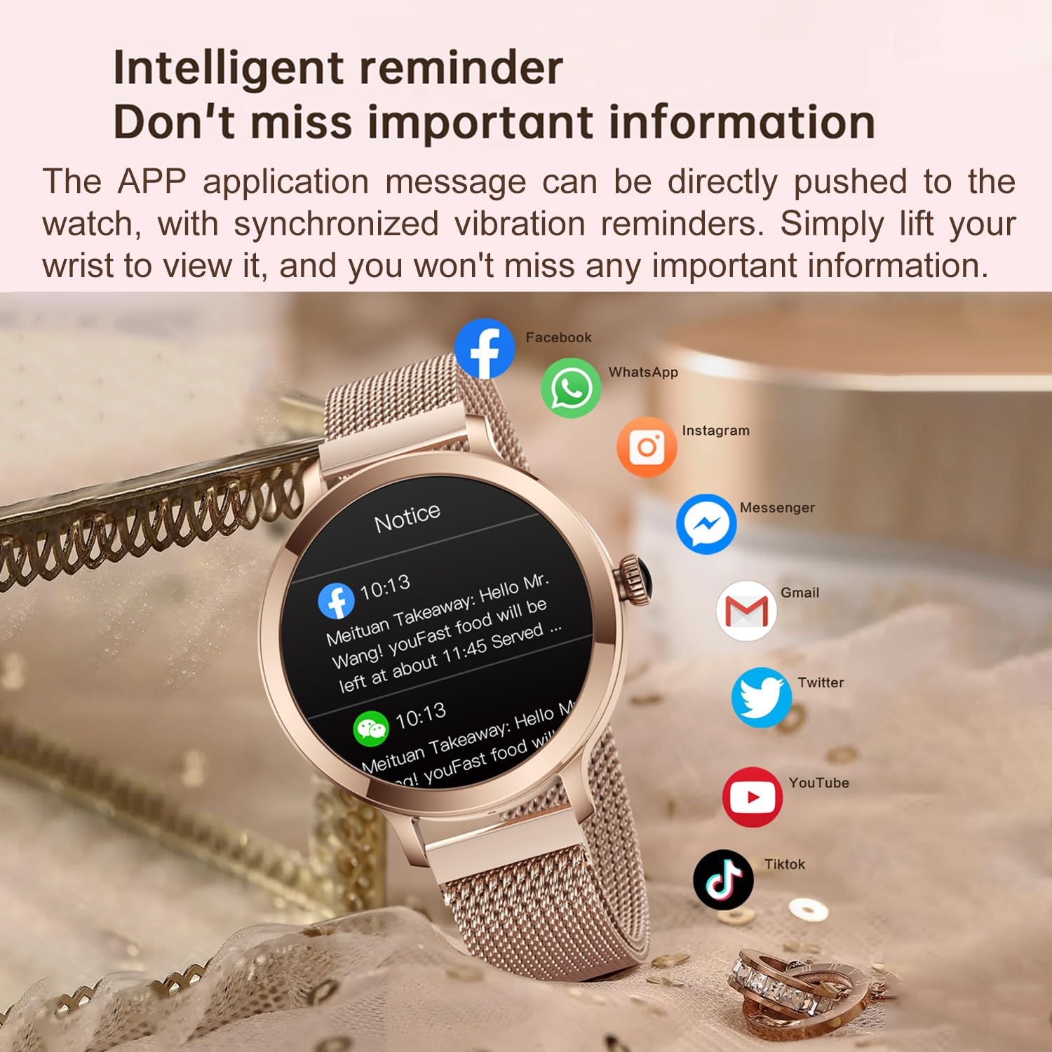 Smartwatch für Frauen mit Bluetooth-Anruf, Fitness-Tracker wasserdicht Herzfrequenz Blutdruck Blutsauerstoff (Gold)