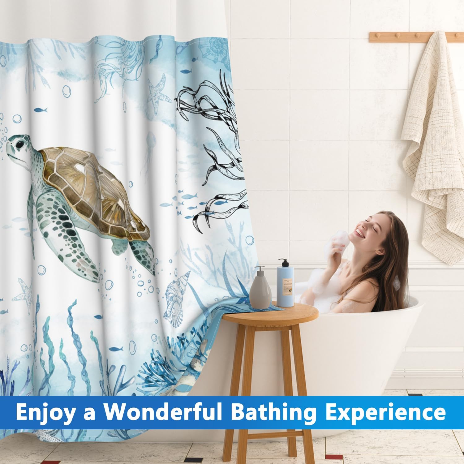 Ocean No Hook Shower Curtain with Snap in Liner, Sea Turtle Shower Curtain with Mesh Top Window and Weighted Hem, 71x74 Inches Double-layer Waterproof Fabric Shower Curtain and Detachable Liner Set