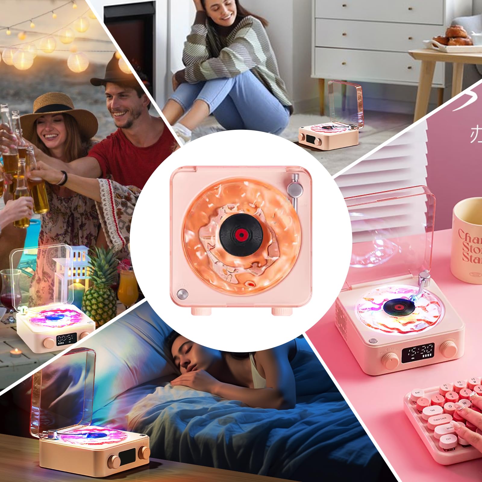 Reproductor de vinilo The Waves Mini altavoz retro de ruido blanco portátil con 4 sonidos de la naturaleza, altavoz portátil de ondas con luz RGB (rosa)