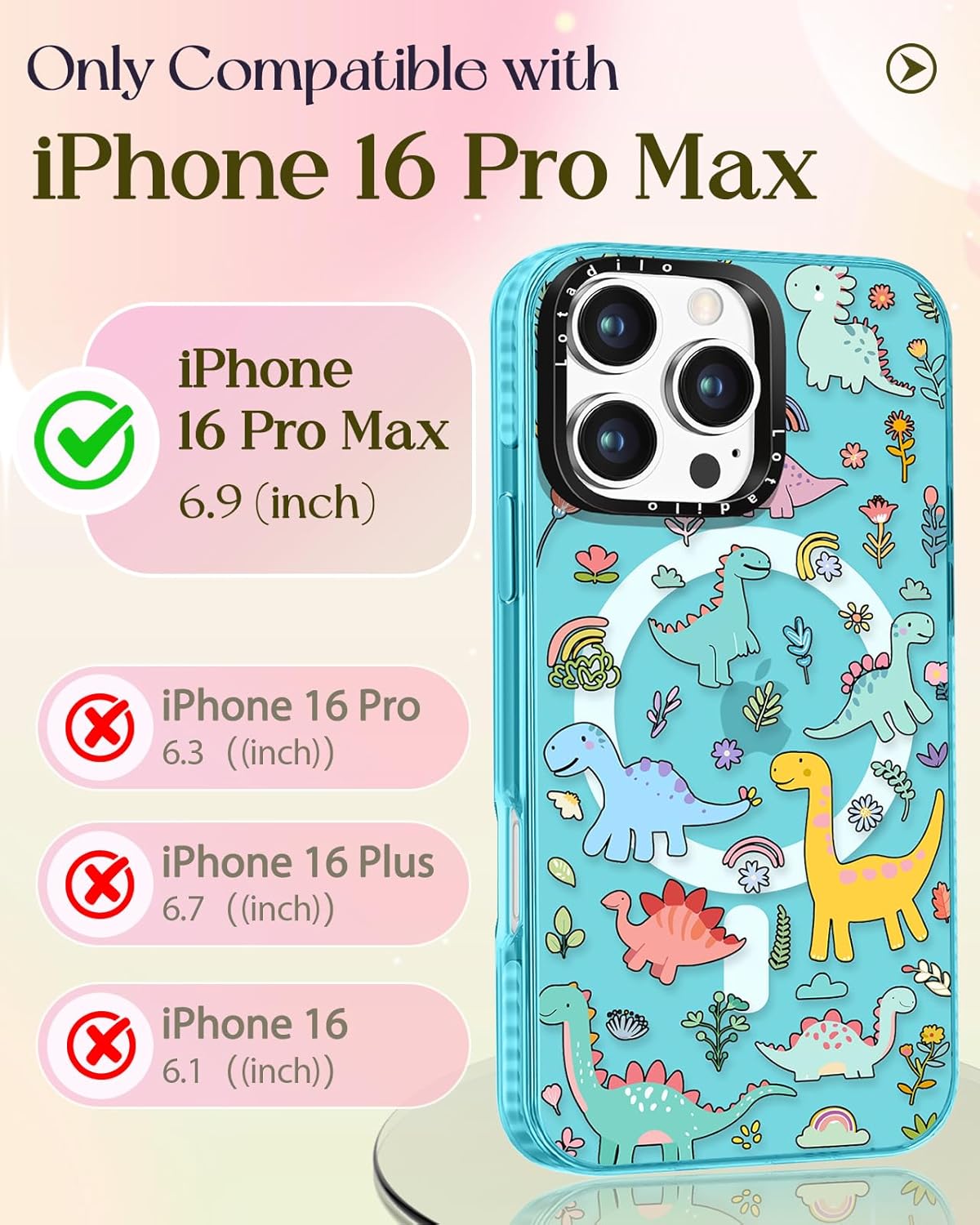 Case for iPhone 16 Pro Max Case Compatible with Magsafe Ring Holder Stand - for Women Dinosaur Design TPU Phone Cover for Girls Girly Funny Fashion - Image 2