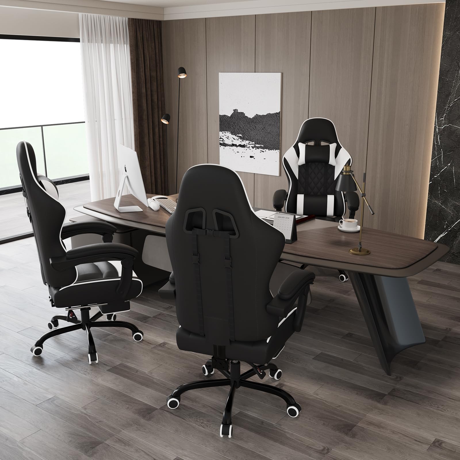 JUMMICO Chaise Gaming Ergonomique, Chaise de Bureau avec Fonction Massage, Fauteuil Gaming avec Repose-Pieds, 150 kg, Blanc