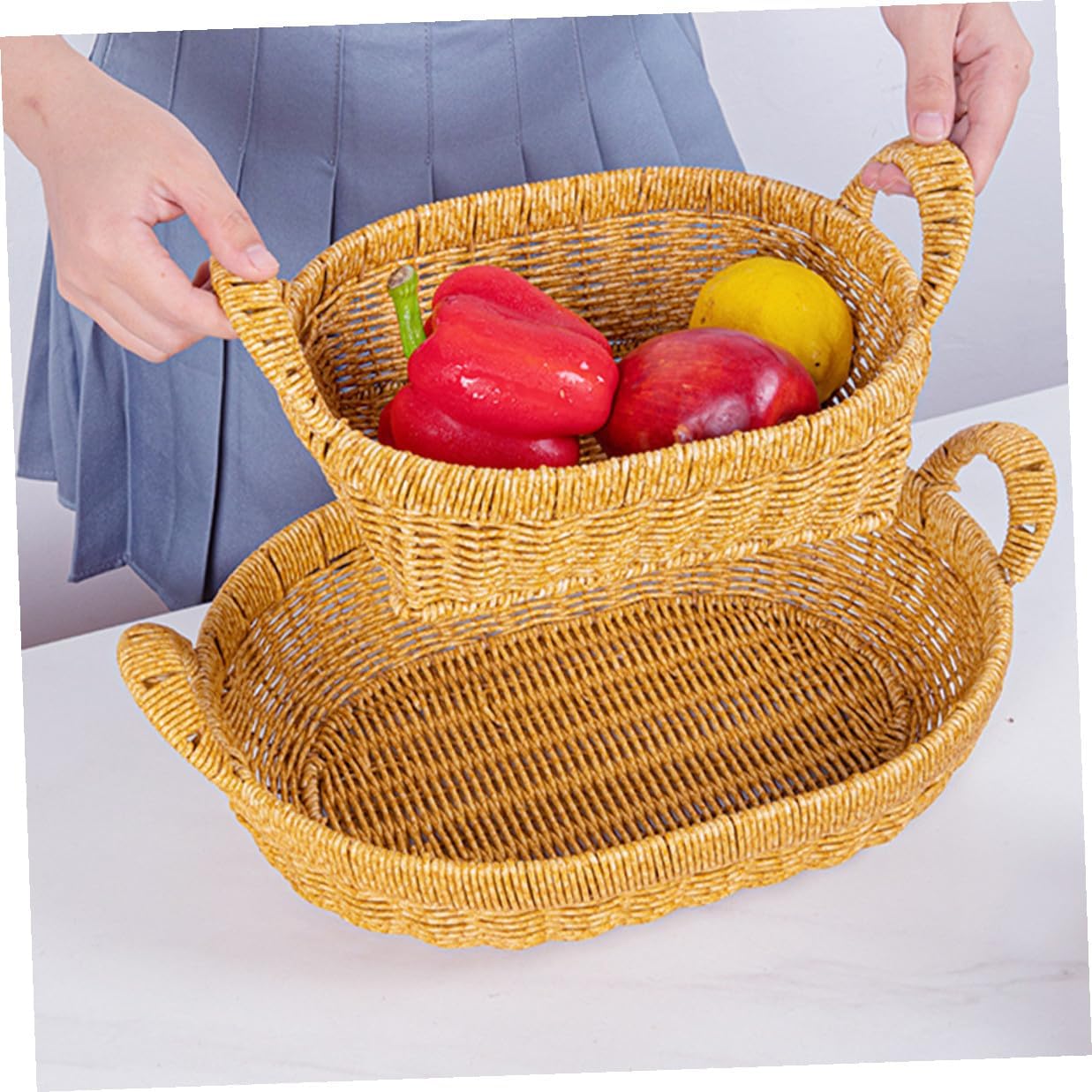 FRCOLOR Oval Large Deep Handwoven Snack Storage Basket with Handles, Imitation Rattan Plastic Fruit and Bread Tray for Kitchen Organizer and Outdoor Picnic Serving