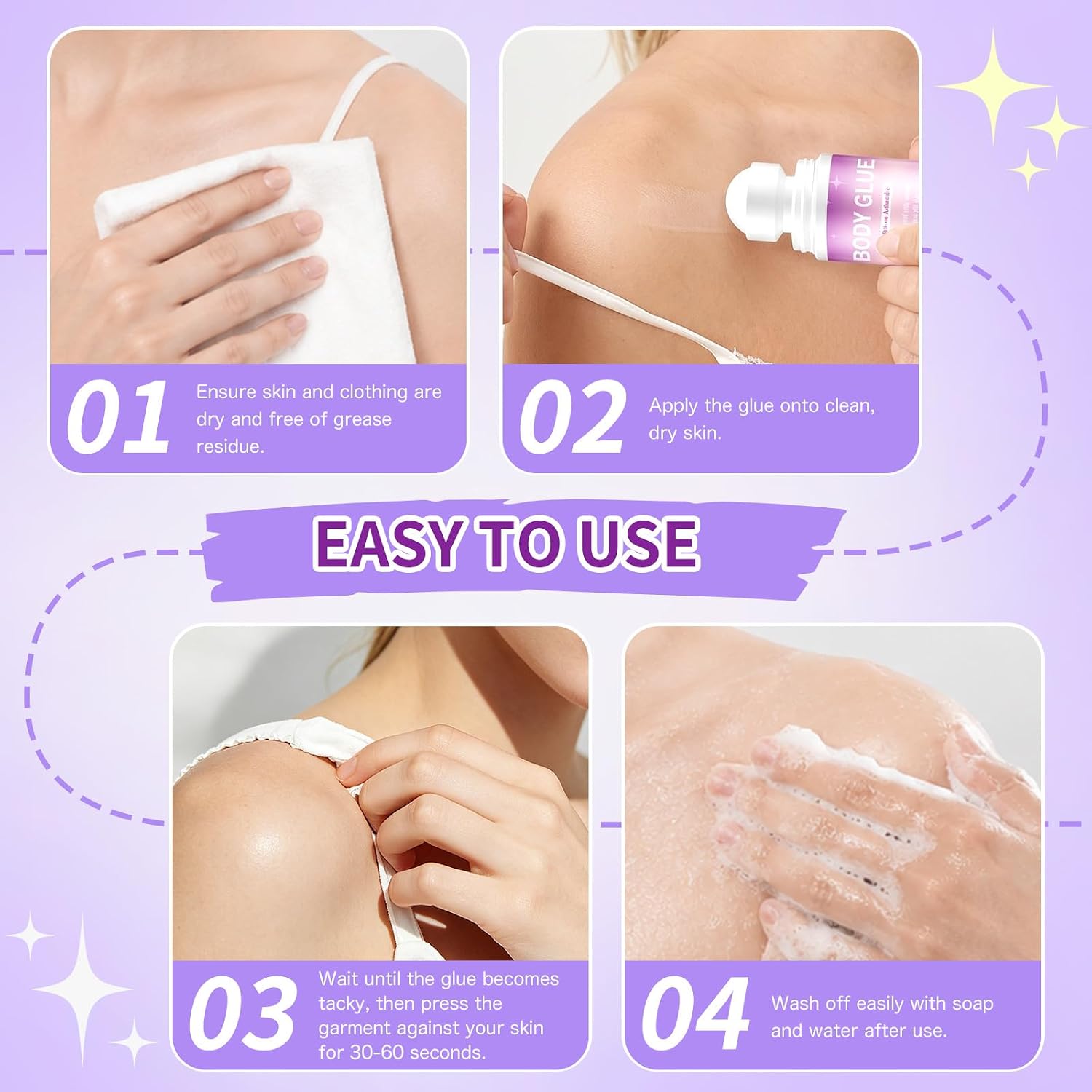 Body Adhesive Roll-On, Sweat & Waterproof Body Glue for Skin & Clothing, Clear Invisible Hold for Leotards, Bras, Wigs & Dancewear, Easy Wash Off & Long-Lasting Hold (75, Milliliters)