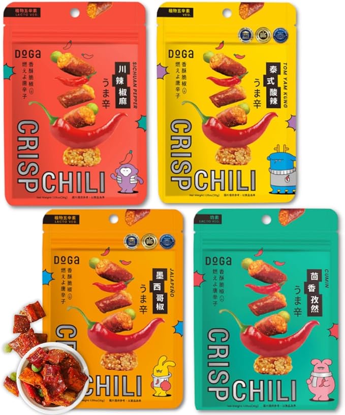 Amazon.co.jp 台湾 DOGA 旨辛 クリスプチリ 全4種 4袋【ハラペーニョ風味・四川花椒ホアジャオ風味・クミン風味