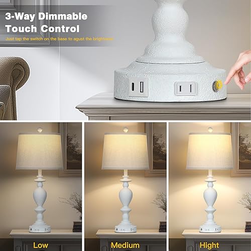 Miniatura 3 de Juego de 2 lámparas de mesa blancas de 28 pulgadas con puertos USB C+A y salida de CA para sala de estar vintage, dormitorio rústico, lámpara táctil
