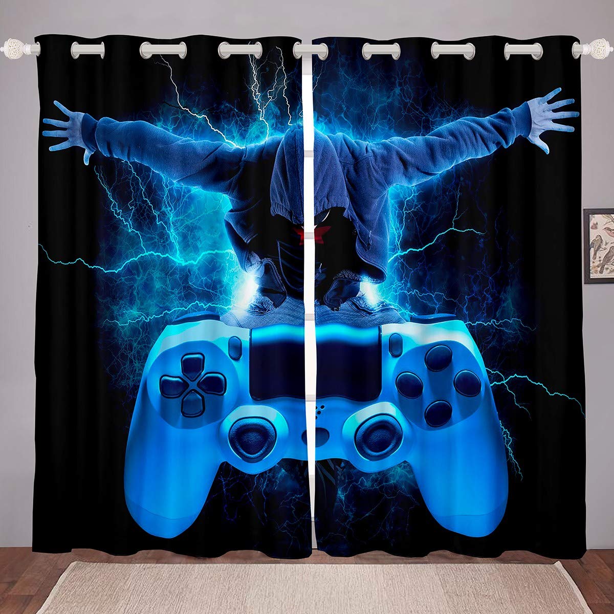 Tbrand Jungen Modern Gamer Blickdichte Vorhänge Blau Gamepad Fenstervorhang 175x140cm für Kinder Mädchen Spiel Controller Vorhänge Games Console Lightning Raumdekoration