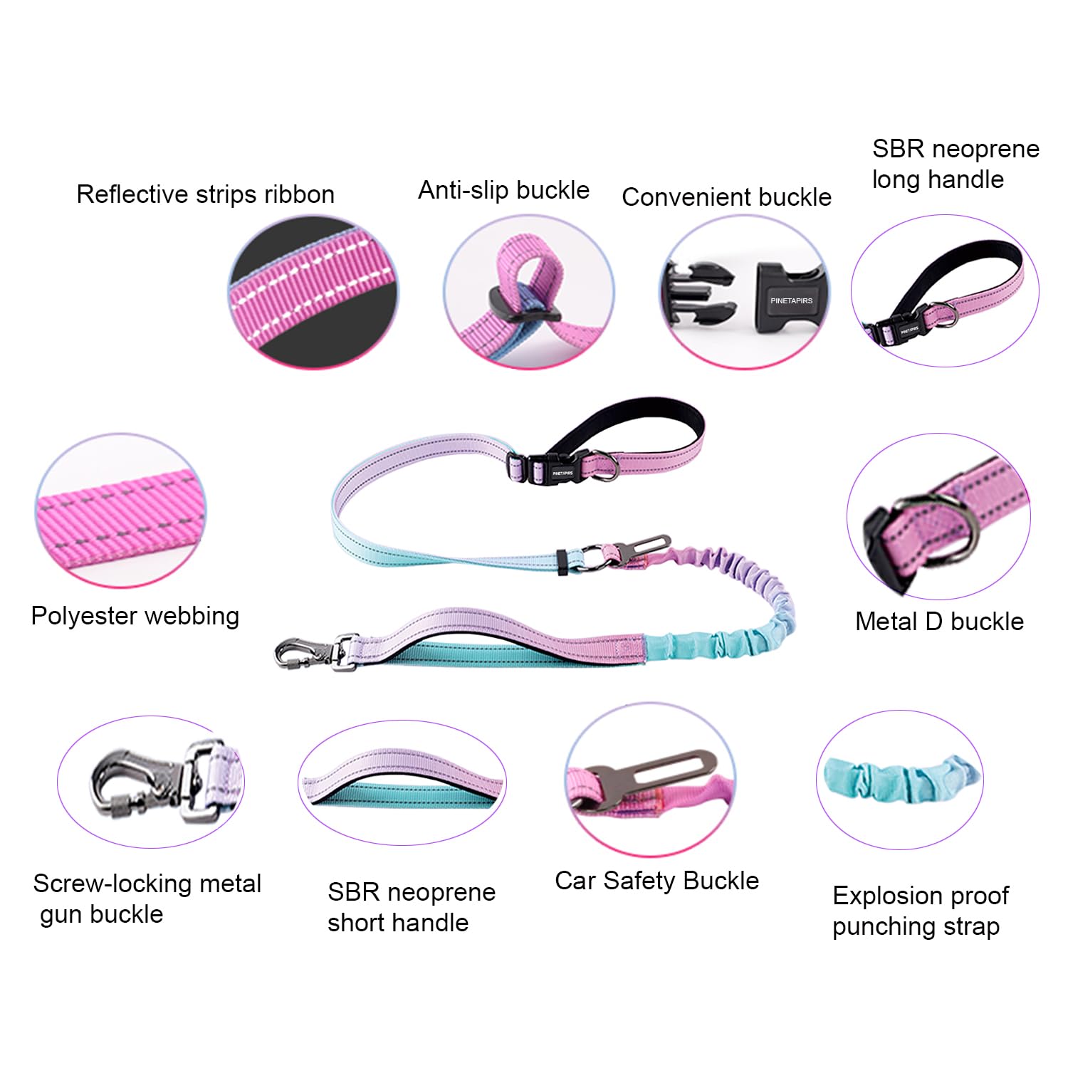 PINETAPIRS Hands-Free Dog Leash, Heavy Duty Bungee Leash with Reflective Strips, Adjustable 4.7-7.3 Feet, Pink & Blue, Dog Car Seatbelt