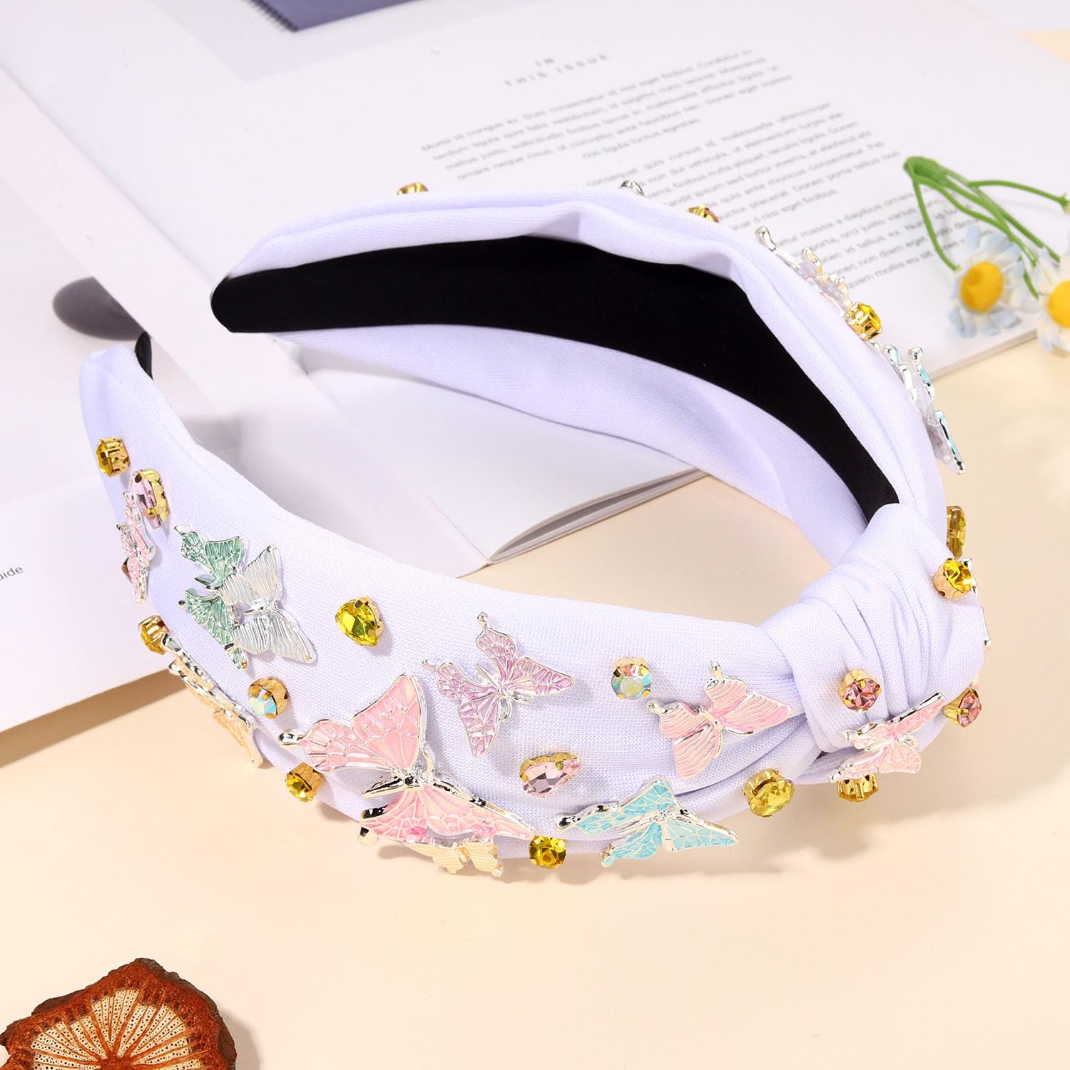 Butterfly Headband for Women Spring Beaded Butterfly Flower Headband Jeweled Rhinestone Floral Knotted Headband Spring Summer Butterfly Hair Accessories Beach Vacation Outfit Gifts (White F) - Image 6