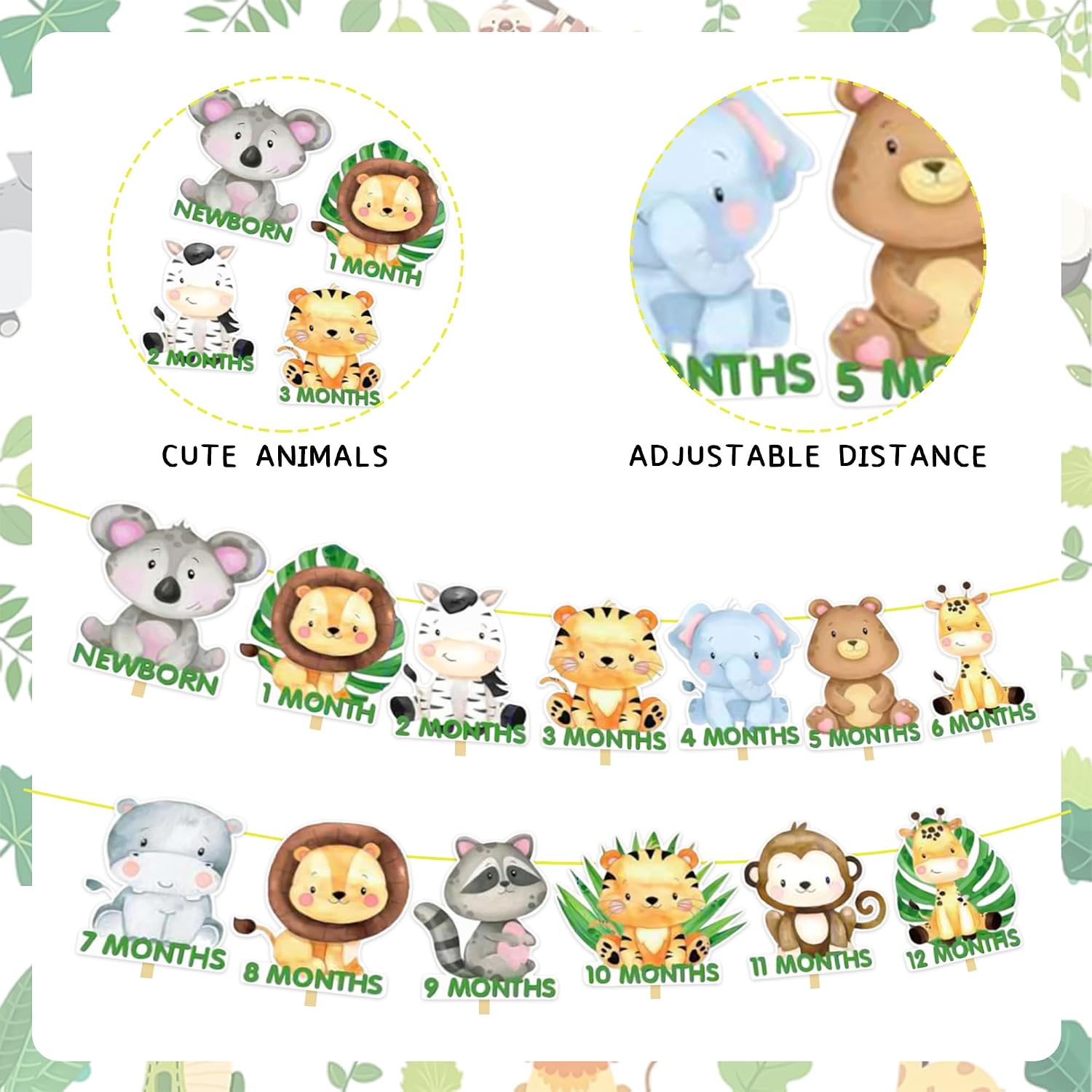 Jungle Animal 1st Birthday Decor,12 Months Photo Banner for Baby from Newborn to 12 Months Animal First Birthday Decorations for Boy or Girl Monthly Milestones Garland 1 Year Old Party Supply With Pictures Frame(Green)