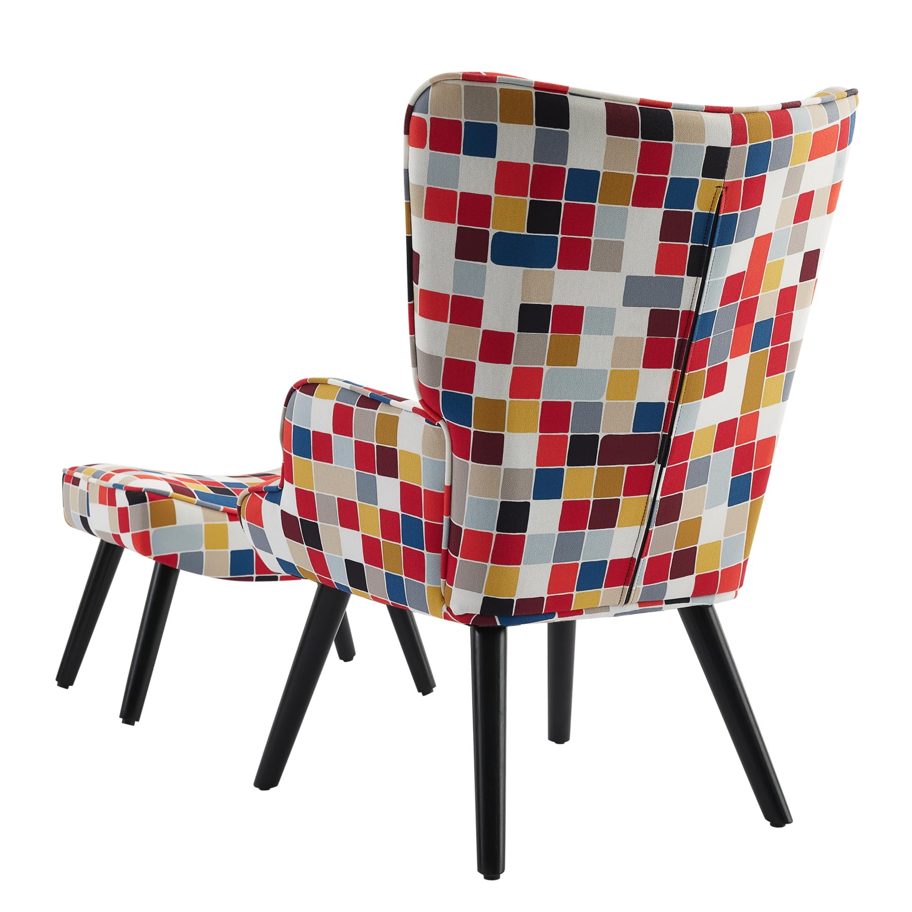 Fauteuil Patchwork Scandinave avec Repose-Pieds Support Lombaire | Fauteuil de Lecture Confortable avec Bois Massif, Tissu Lin et Design Ergonomique, pour Salon, Chambre ou Balcon