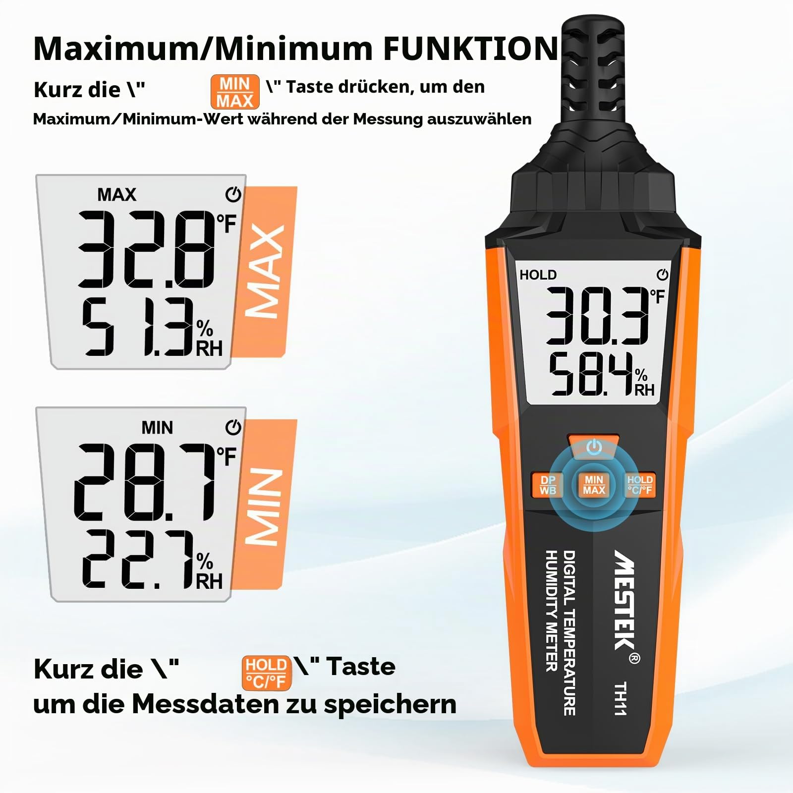 MESTEK Thermo-Hygrometer, 4-in-1 Hygrometer Thermometer Innen/Außen, Messung Temperatur Luftfeuchtigkeit, Taupunkttemp und Feuchtkugeltempr, Tragbares für Haus Garten und Camping Outdoor Abenteuer