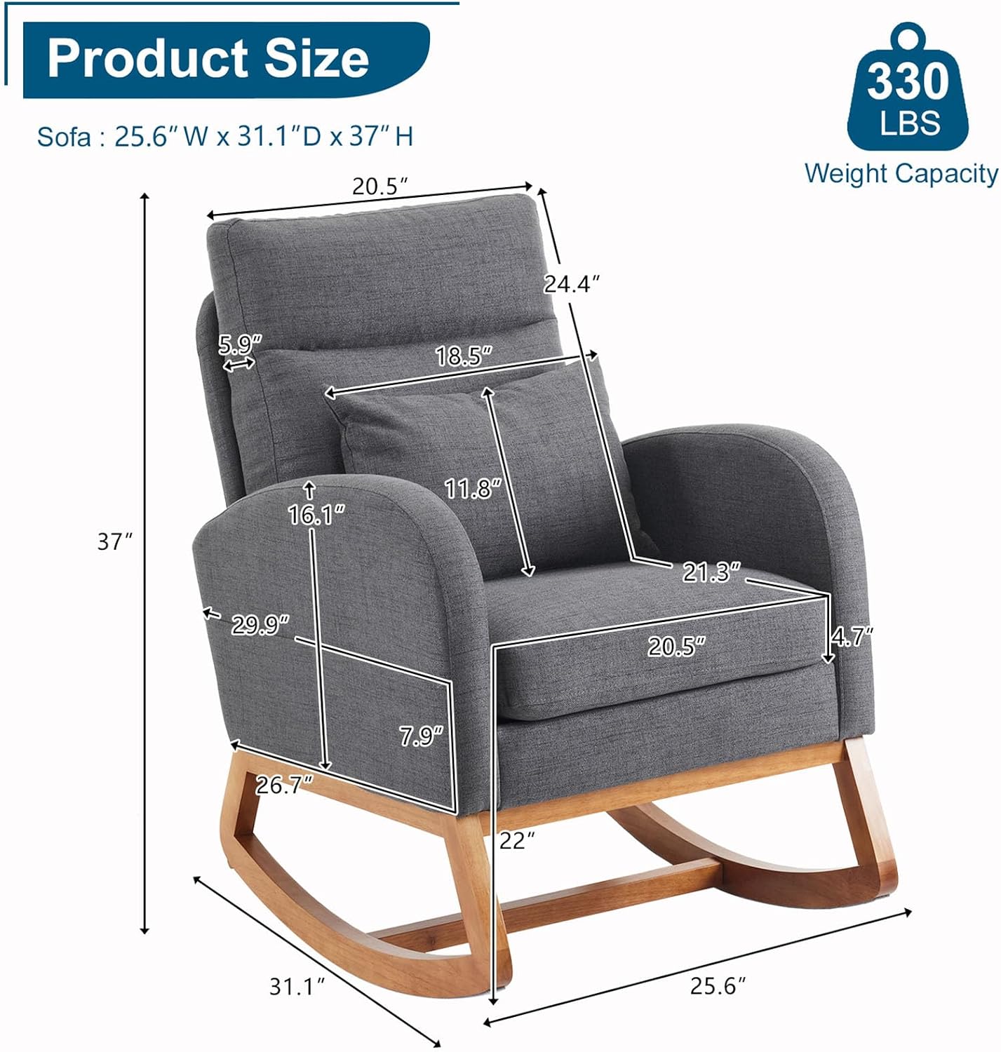 BIVVI Nursery Rocking Chair Modern Linen Glider Rocker with Thick Headrest,Curved Armrest and Side Pocket,Padded Seat Lounge Chair Accent Armchair for Living Room Bedroom Balcony Offices,Gray Linen