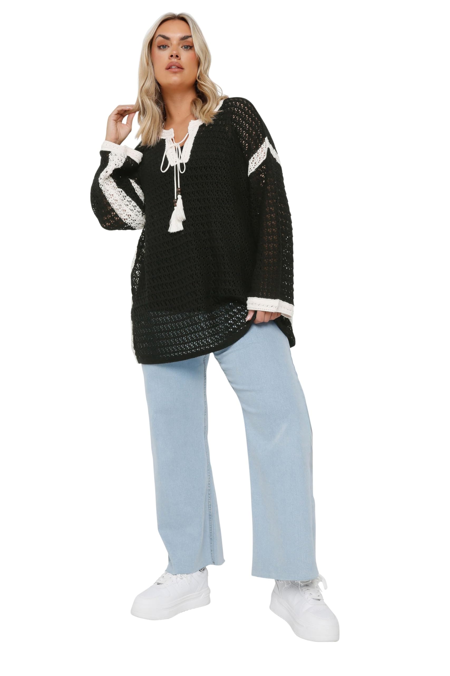 Yours Curve & White Pointelle Tie Front Jumper - Womens - Plus Size Curve