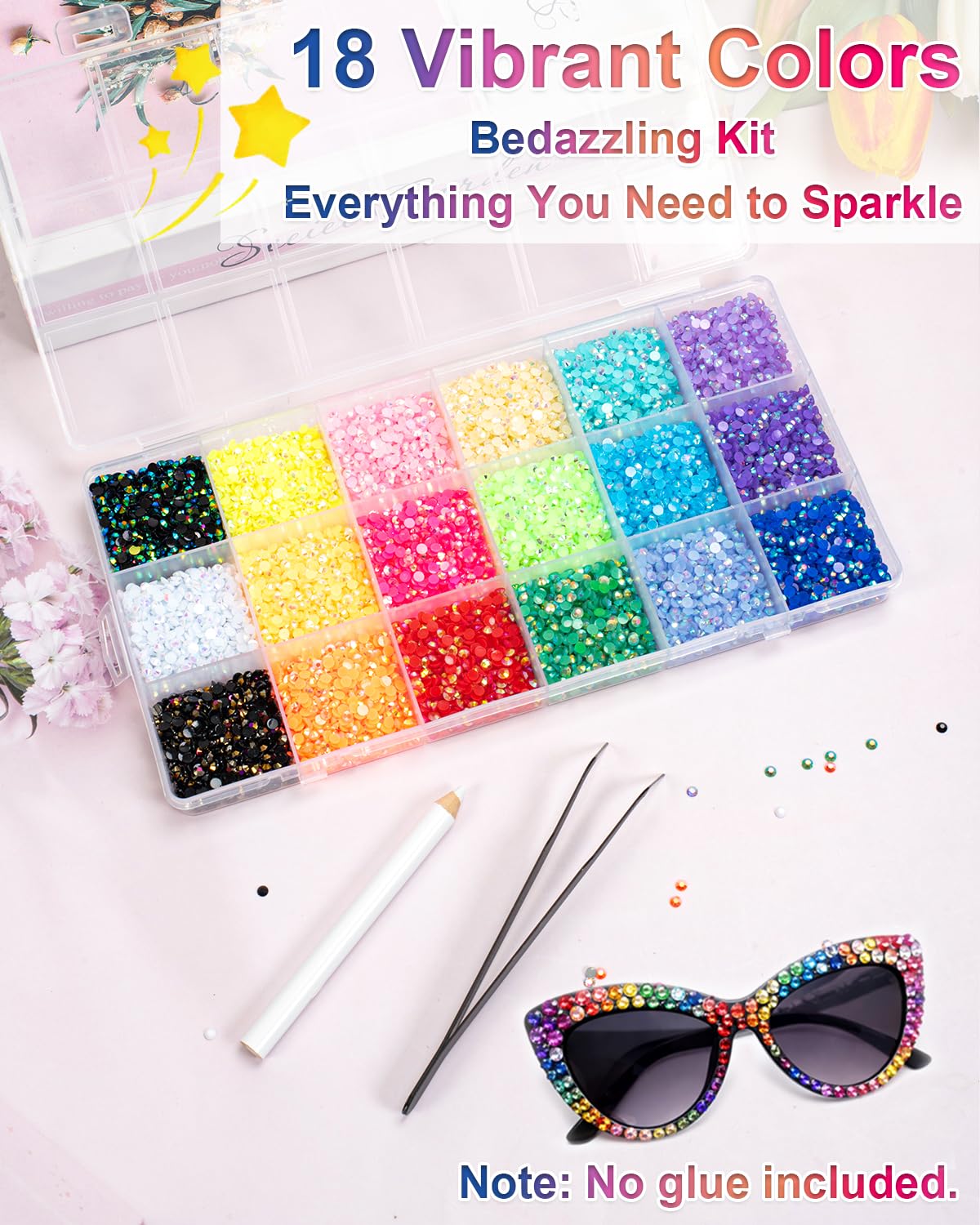 Vinuwu Kit de 18 couleurs éblouissantes, 22 000 strass à dos plat de 3 mm pour éblouissement avec stylo, kit de pierres précieuses Bedazzler pour loisirs créatifs, nail art, vêtements, chaussures