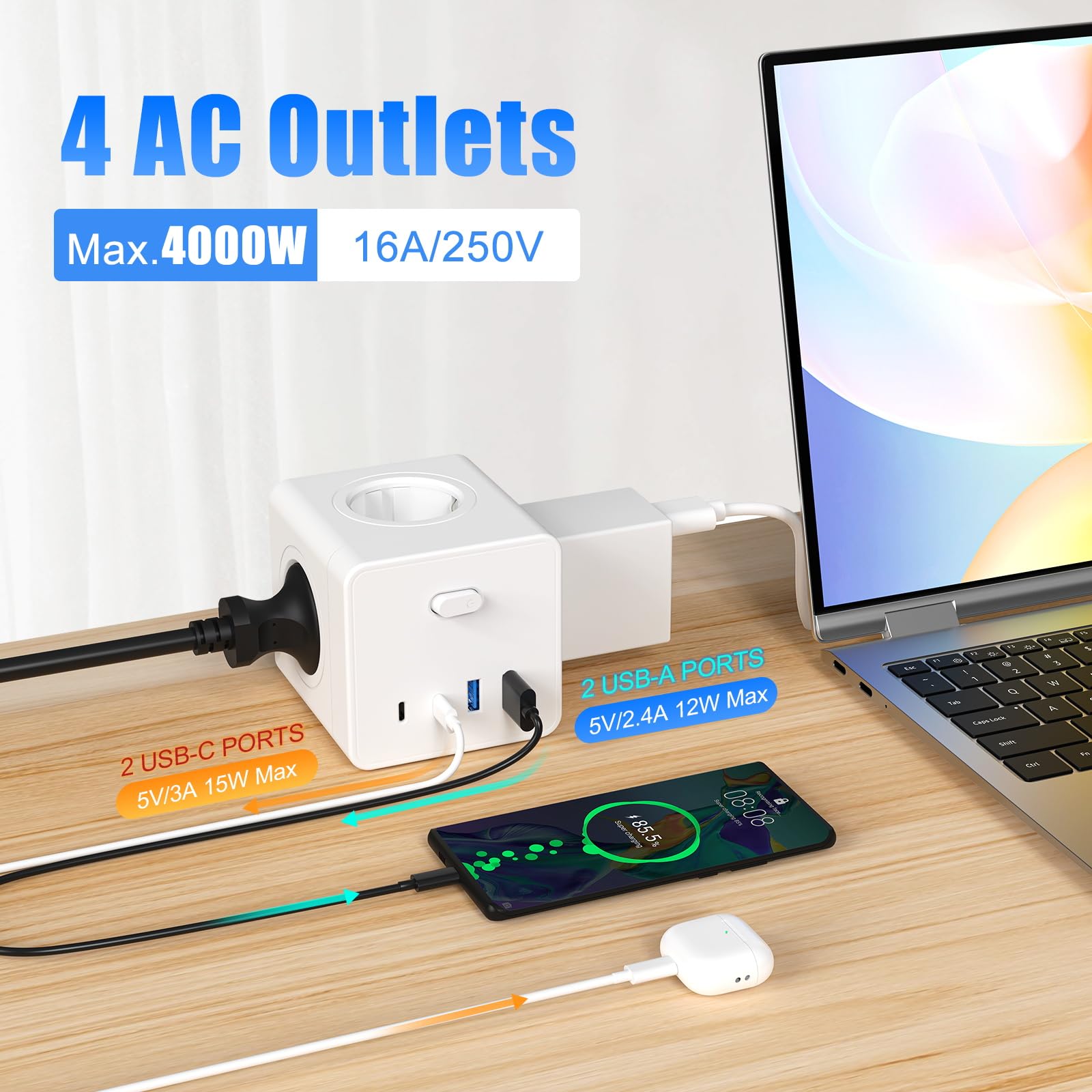 Kostka do gniazdka, z 2 USB A i 2 USB C, 4-krotny adapter z przełącznikiem, 8 w 1 z kablem 3M, do biura, domu, biała