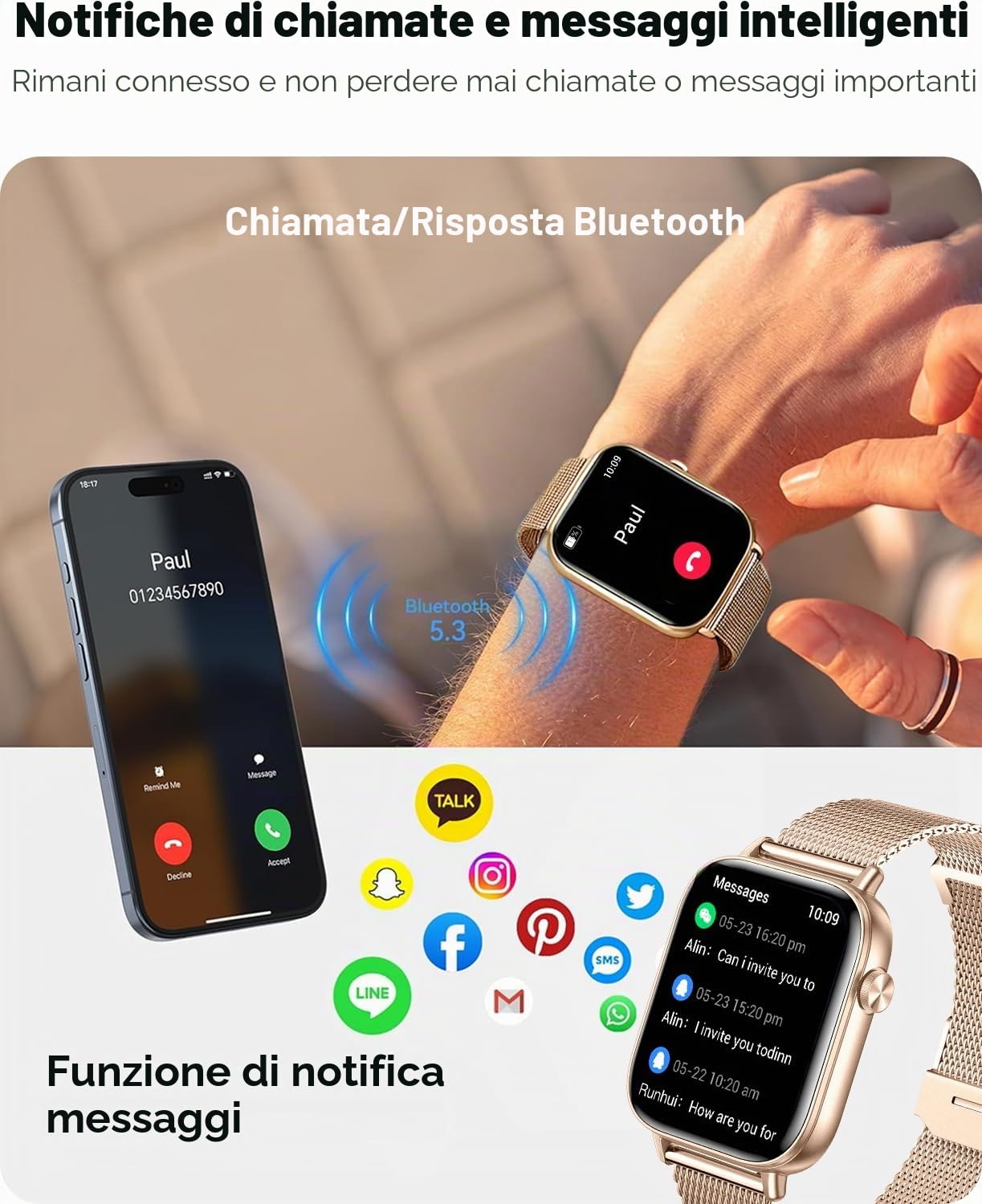 Smartwatch Donna, 1.83” Orologio Smartwatch con Chiamata Bluetooth, 100+ Sport Fitness Tracker con Frequenza Cardiaca SpO2 Sonno, IP68 Impermeabile, Smart Watch per iOS & Android, Oro Rosa