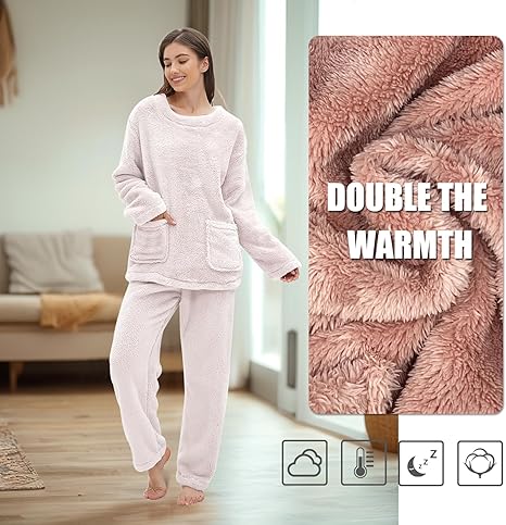 Friendumo Warme Koraalfleece Pyjamaset Voor Dames - Nachtkleding, Huiskleding, Bovendeel Met Lange Mouwen en Warme Broek, Pyjama Met Zakken (Wit-L