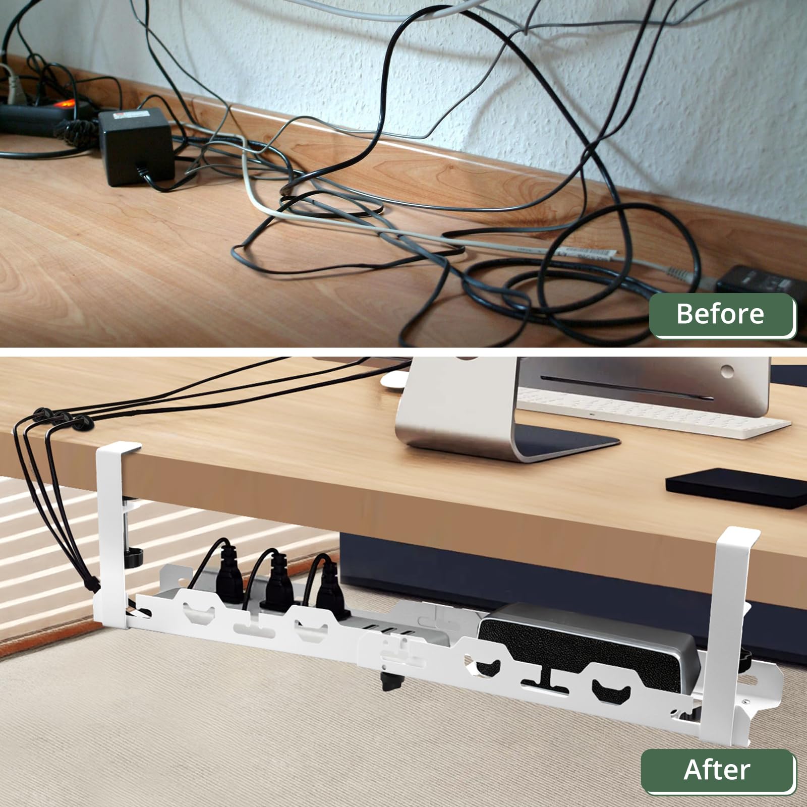 EYPINS Organizador de Cables para Debajo del Escritorio, sin Taladro, de 40-74cm, Retráctil, Resistente, de Acero al Carbono, Bandeja Cables Escritorio Blanco