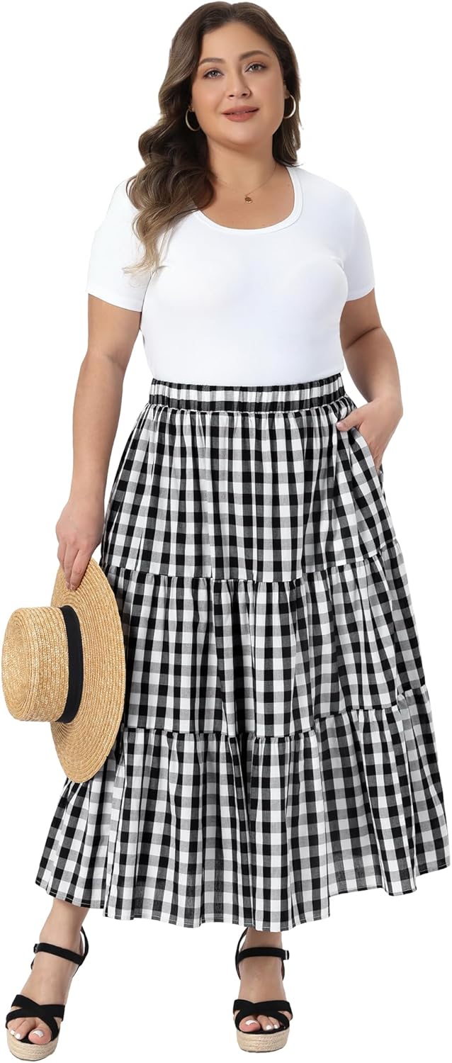 Agnes Orinda Plus Size Gingham Skirts Tiered Layer A Line with Pockets Flowy 1950s Vintage Plaid Maxi Long Skirts - Image 3