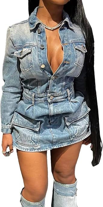 Womens Sexy Bodycon Denim Dress Long Sleeve Button Down Distressed Washed Jean Dress