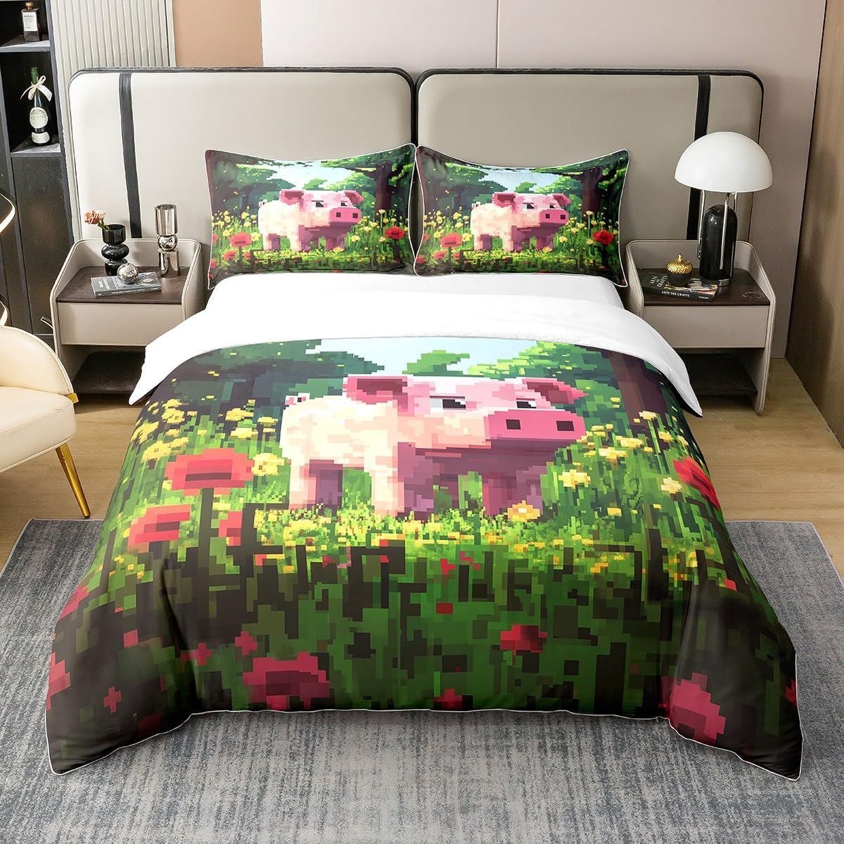 Castle Fairy Pink Pig 100% Organic Cotton Duvet Cover Set Pixelated Style Floral Comforter Cover Set (Not Comforter) Cartoon Animals Bedding Set Queen Size 3 Pcs