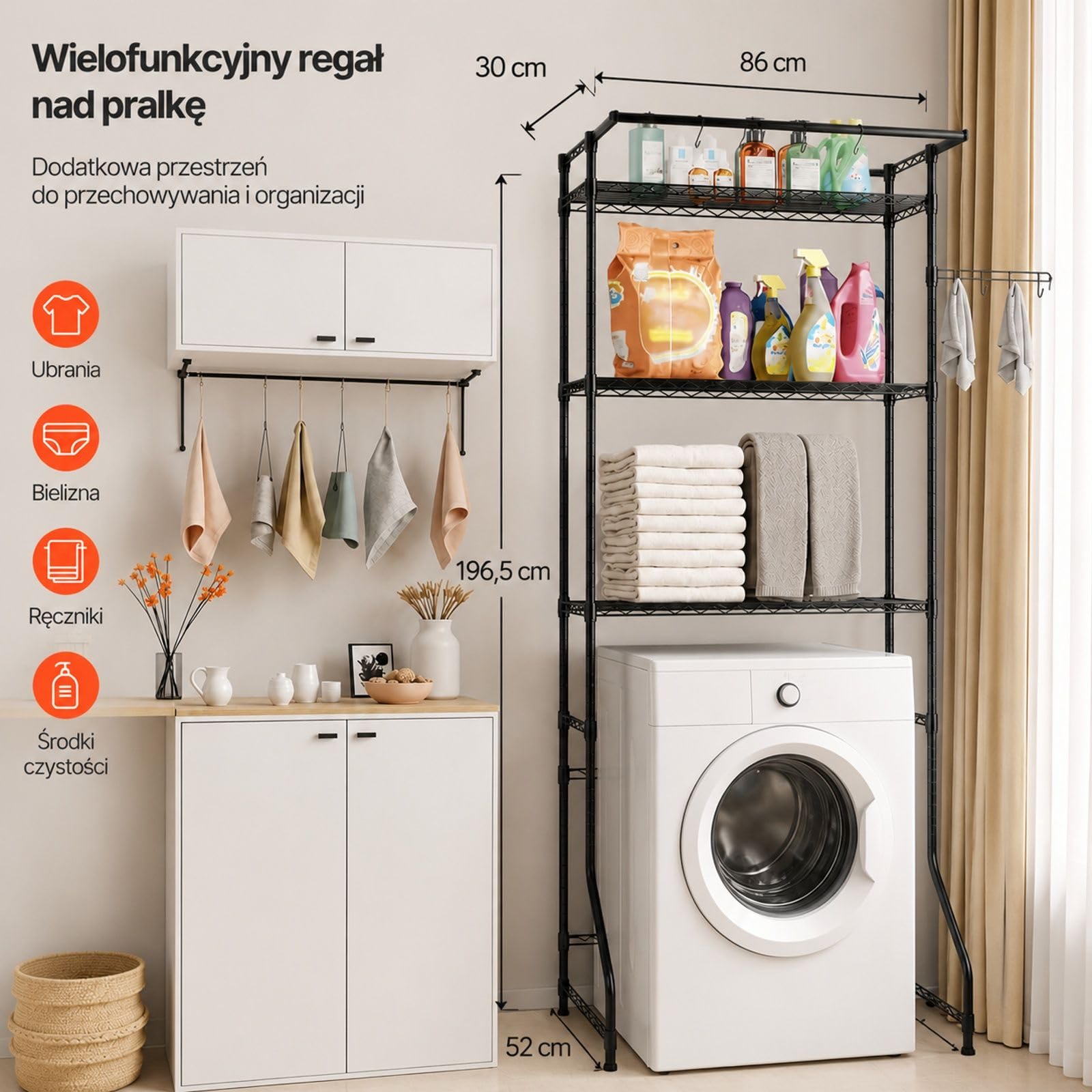 Czarny 3-poziomowy regał nad pralkę i suszarkę z drążkiem na ubrania oraz 4 haczykami, stal węglowa