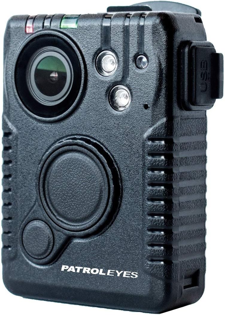 Дагы бир бурчтуу фронт view of the PatrolEyes PE-DV10-PRO body camera, showing the USB port and buttons.