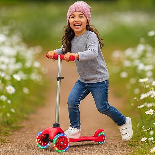 Miniatura 4 de ROFFT Patinete para niños de 3 a 5 años, scooter para niños de 2 años en adelante con LED de 3 ruedas, altura ajustable, barra en T de aluminio