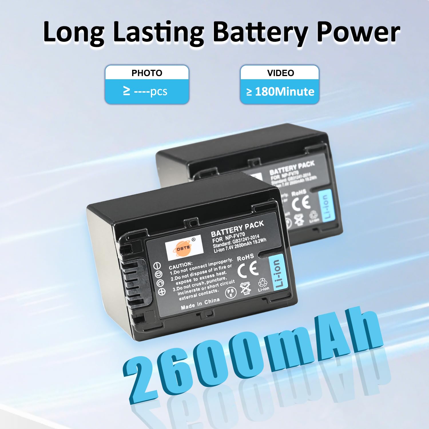DSTE Pacco 2 Batterie + Caricabatteria DC04E Per Videocamera Sony NP-FV70 - Compatibile Con HDR-CX, DCR-SR, FDR-AX100 E Molti Altri (con Caricabatteria Da Auto) - 3