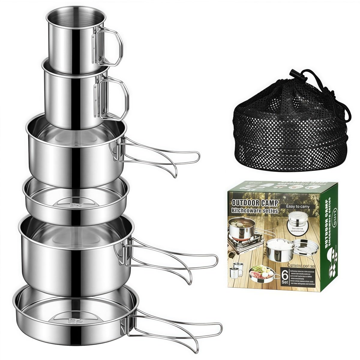 Set da 6 pezzi per cucinare all'aperto, in acciaio inox, da campeggio, con pentole pieghevoli per viaggi zaino in spalla