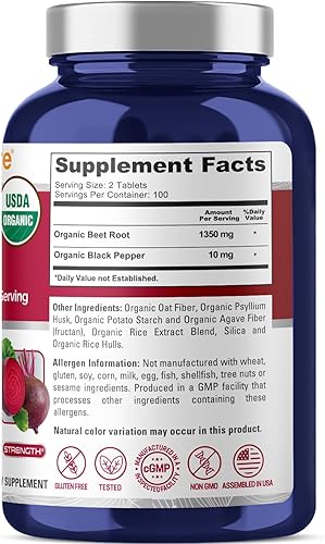 Miniatura 2 de NusaPure Raíz de remolacha 1,350 mg 200 comprimidos orgánicos (vegetariano, USDA, sin OMG y sin gluten) Pimienta negra