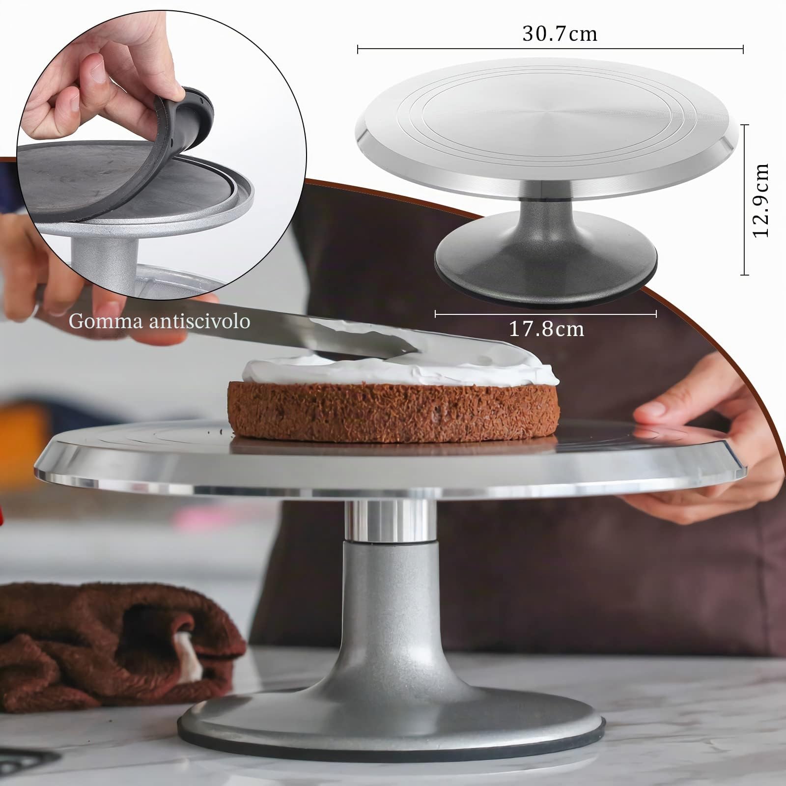 Piatto girevole per torte, in alluminio, 30,5 cm, con spatola per glassa, pettine per glassa, per pasticceria