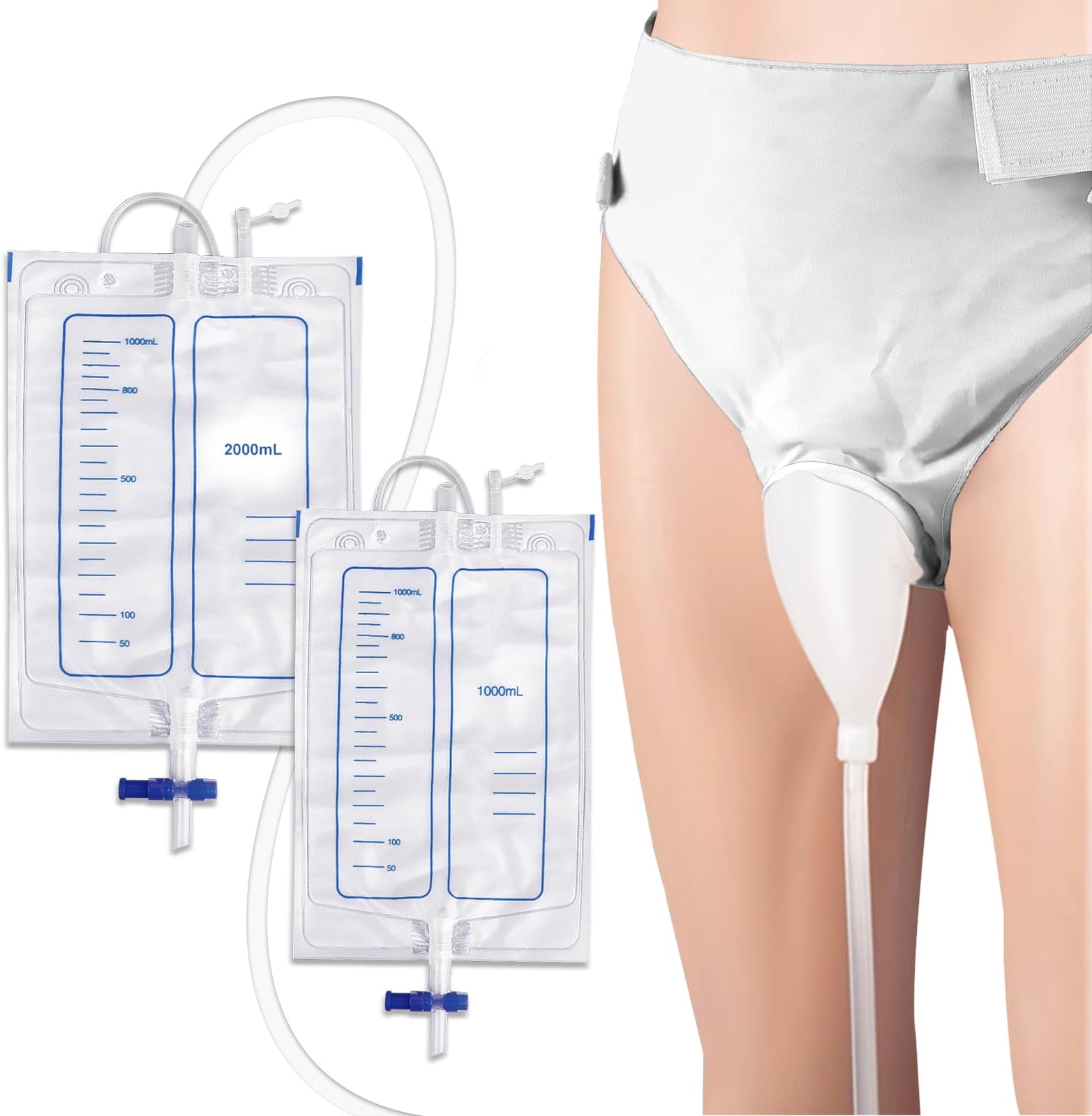 Wearable Urine Collection Set with 2 Drainage Bags (1000ml/2000ml), Reusable Silicone Urine 1.2M Catheter Bag for Men White
