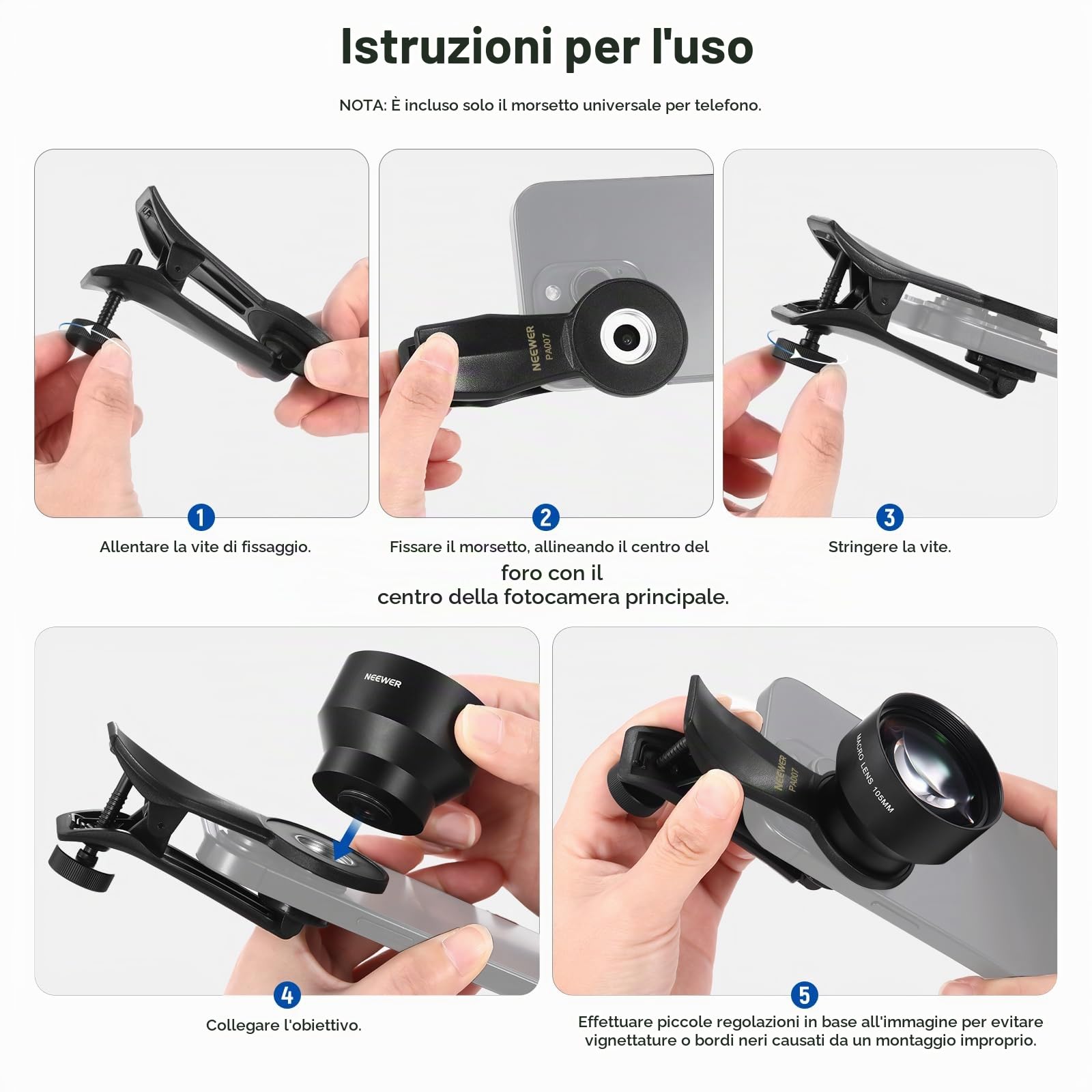 NEEWER Morsetto Universale per Telefono per Lente Filettata 17mm, PA007 | Attacco/Adattatore per Lente,Compatibile con iPhone 17,16,15 Pro Max,15 Plus,14,Samsung Galaxy S26,S25,S24Ultra,Google Pixel