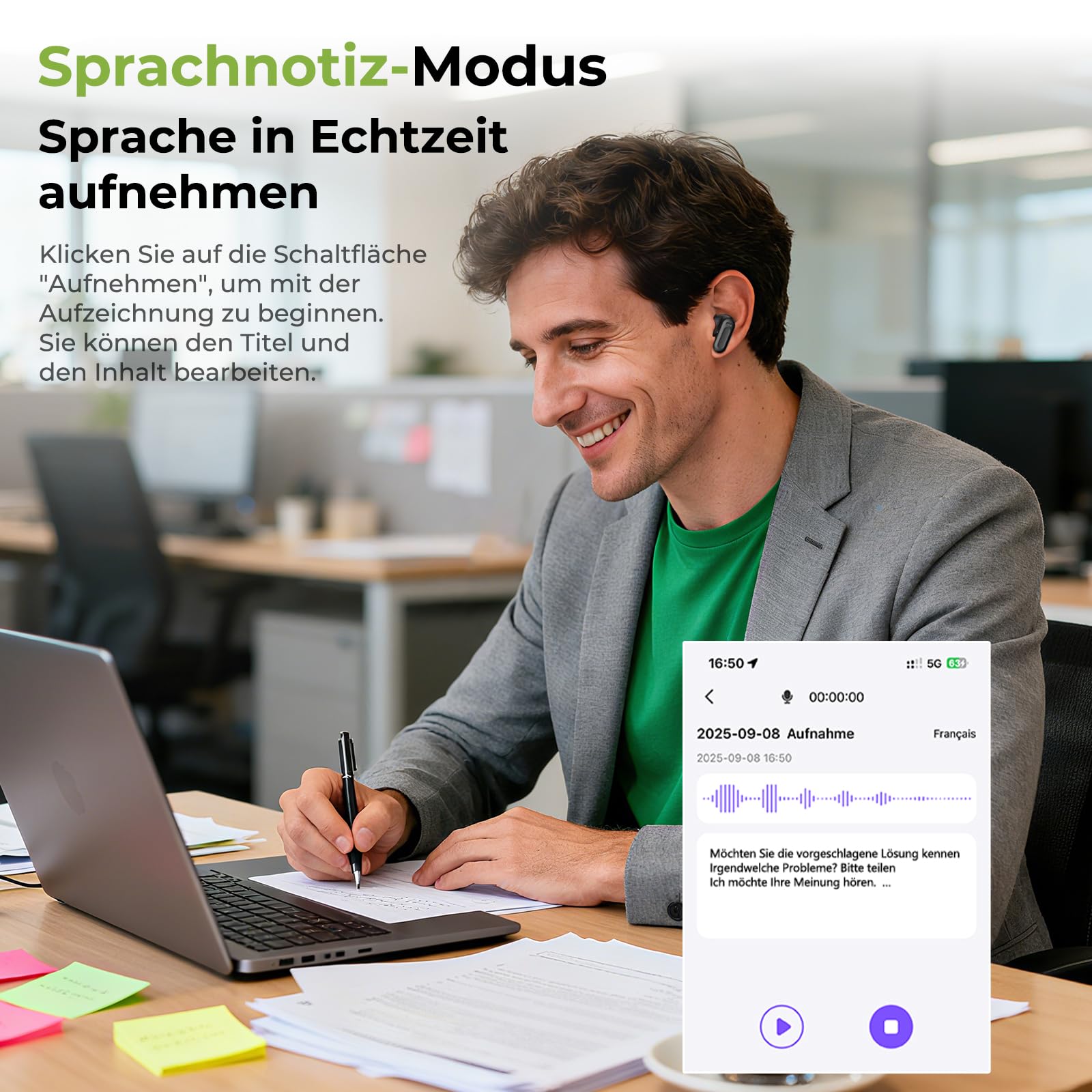 NE20 Ki Übersetzer Kopfhörer, 3-in-1 Übersetzungskopfhörer mit echtzeit übersetzung, 170 Sprachen Kopfhörer Übersetzer Echtzeit mit App, 50H Open Ear kopfhörer für iOS und Android Schwarz