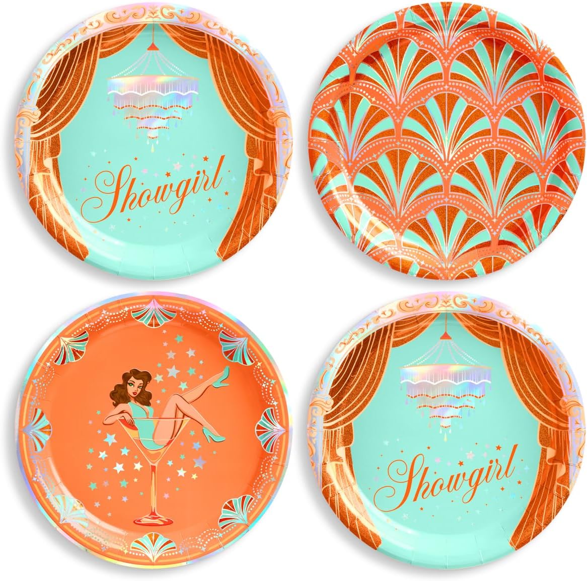 xo, Fetti Showgirl Plates - 24 Paper Plates, 9" | Bachelorette Party, Life of a Birthday Girl, Bridal Shower, Teal, Orange, Glitter, Showgirl Era