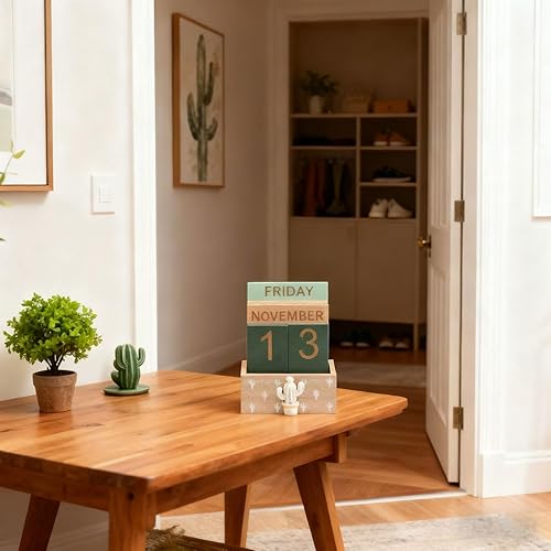 Miniatura 9 de Calendario de madera decorado con cactus fresco (aproximadamente 4.49 x 2.48 x 5.3 pulgadas), calendario retro en forma de bloque, decoración de