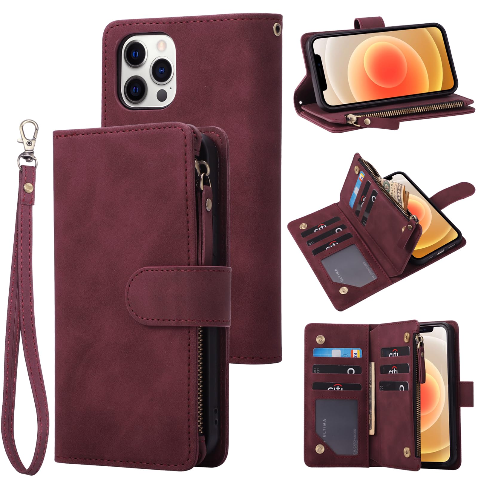 RANYOK Wallet Case Compatible with iPhone 13 Pro Max (6.7 inch), Premium PU Leather Zipper Folio Wallet RFID Blocking with Wrist Strap Magnetic