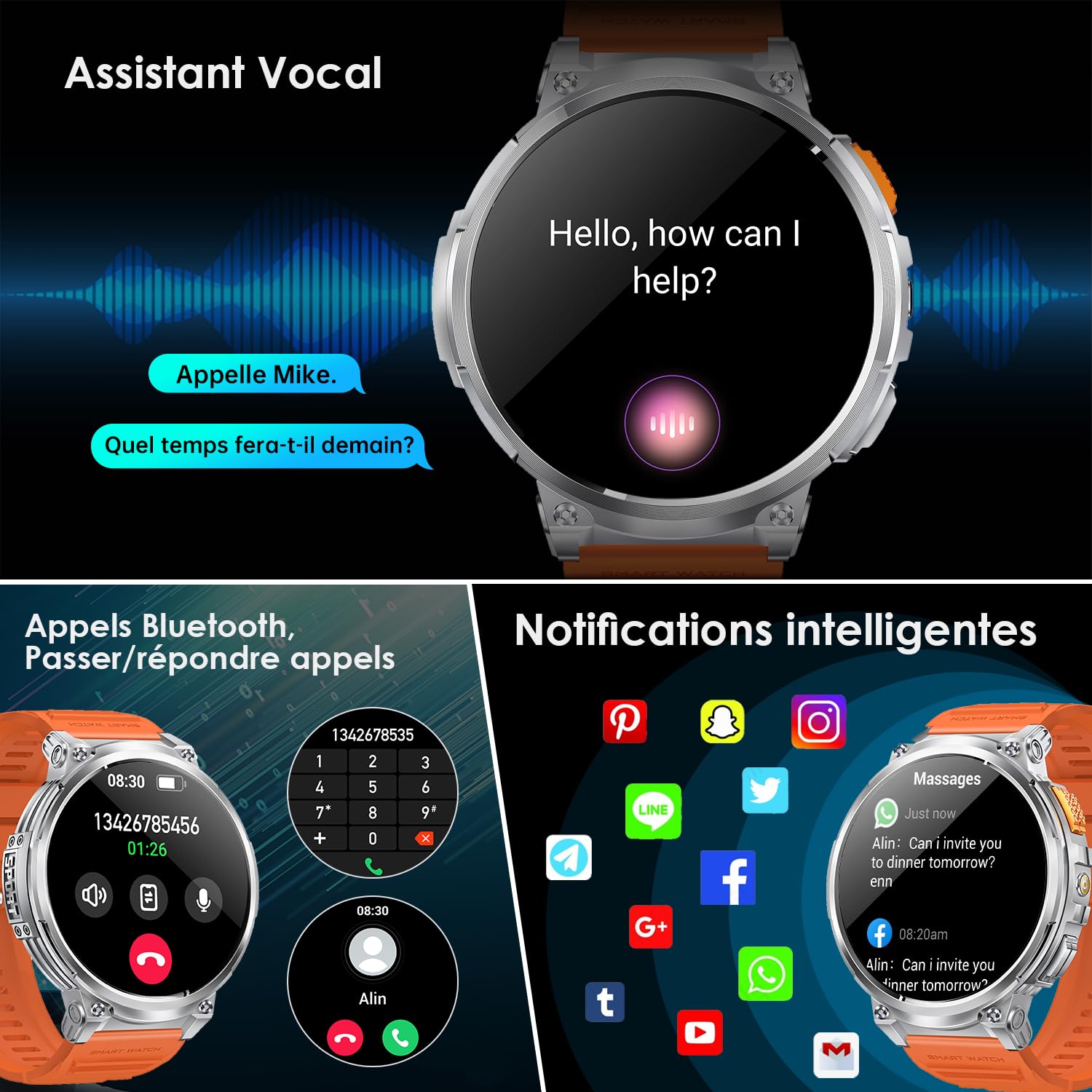 Montre Connectée FITFLEX Homme - Écran AMOLED 1.43", Appels Bluetooth, Suivi Santé, 120 Modes Sport, étanche IP68