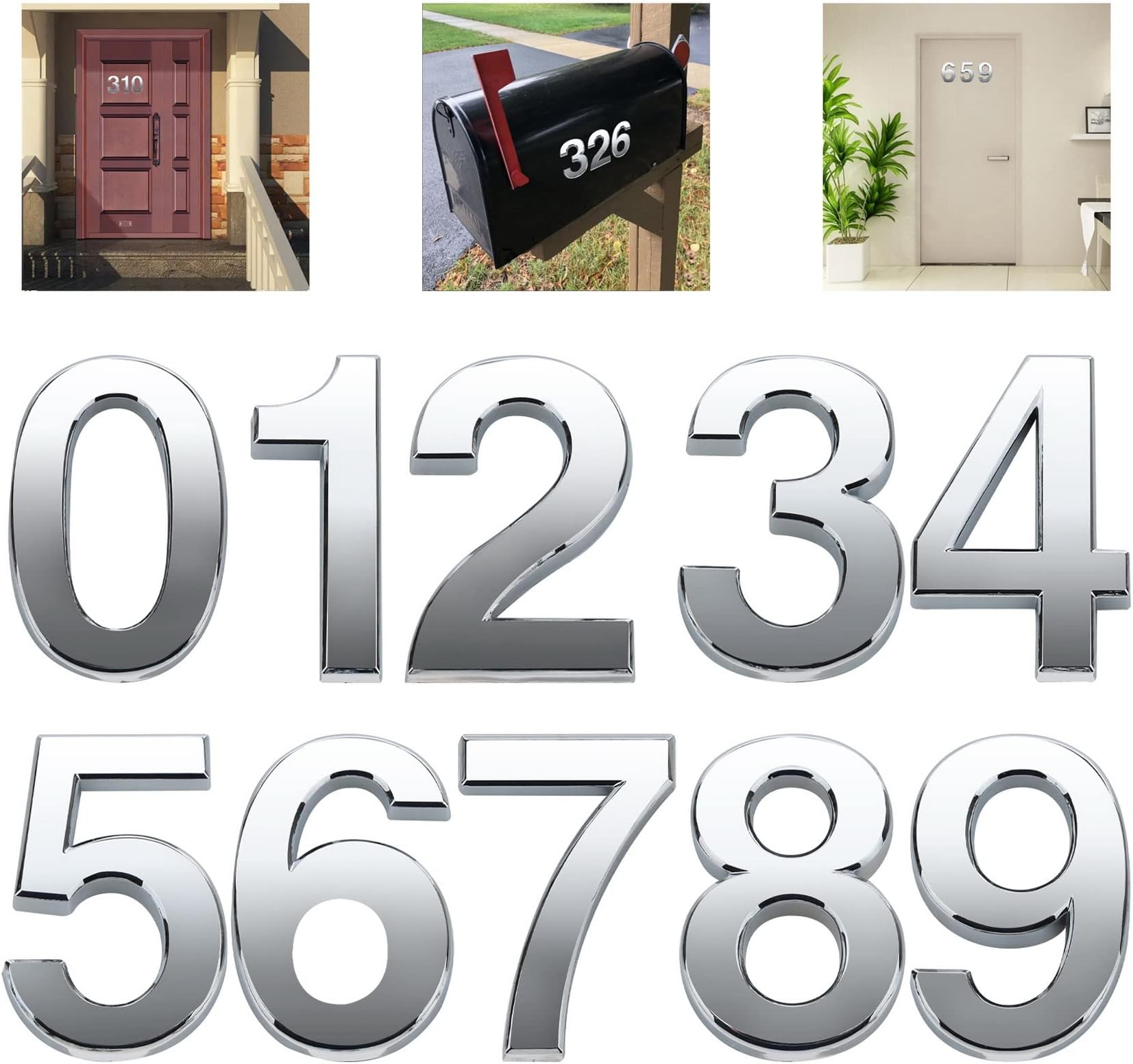 Woration 10 Pcs Mailbox Numbers 0-9 Self-Adhesive 2 Inch Stickers Door Address Number Signs for Hotel Room Apartment Office Residence House Cars Trucks Silver Decoration Project