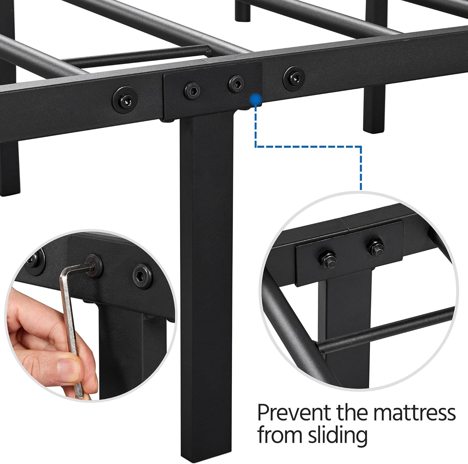 Close-up of the bed frame's connection point, showing how bolts secure the frame and prevent mattress sliding.